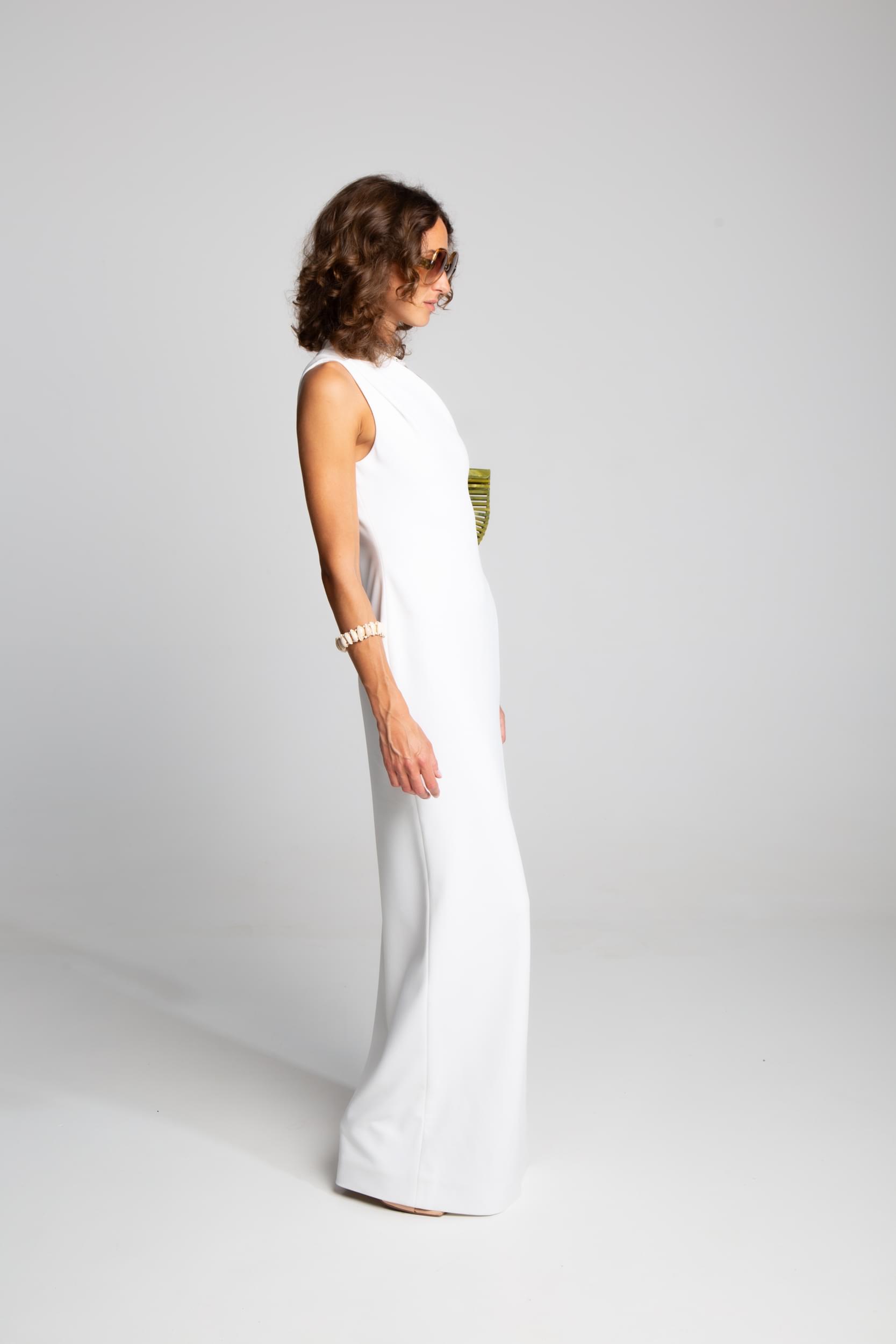 Solace London white formal dress with asymmetric design and elegant elongated silhouette Mezzanotte Madrid