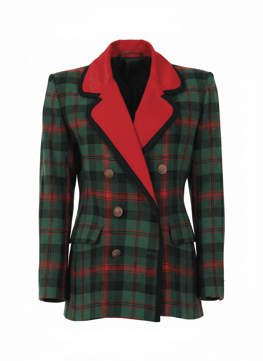 Vintage YSL Rive Gauche plaid blazer with structured shoulders and contrasting red collar