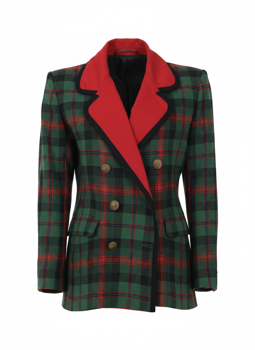 Vintage YSL Rive Gauche plaid blazer with structured shoulders and contrasting red collar