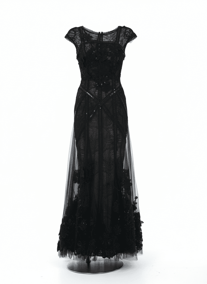 Black lace floor-length gown with cap sleeves and fitted silhouette Elie Saab