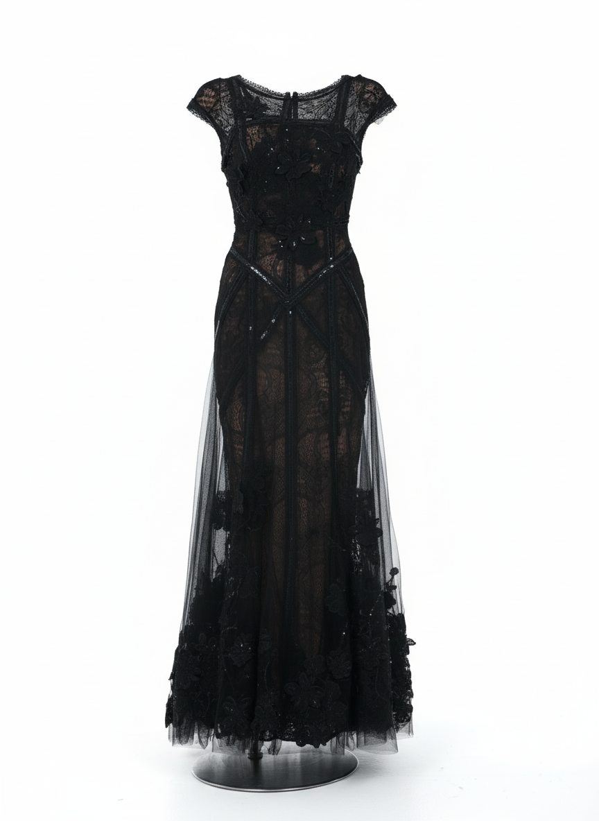 Black lace floor-length gown with cap sleeves and fitted silhouette Elie Saab