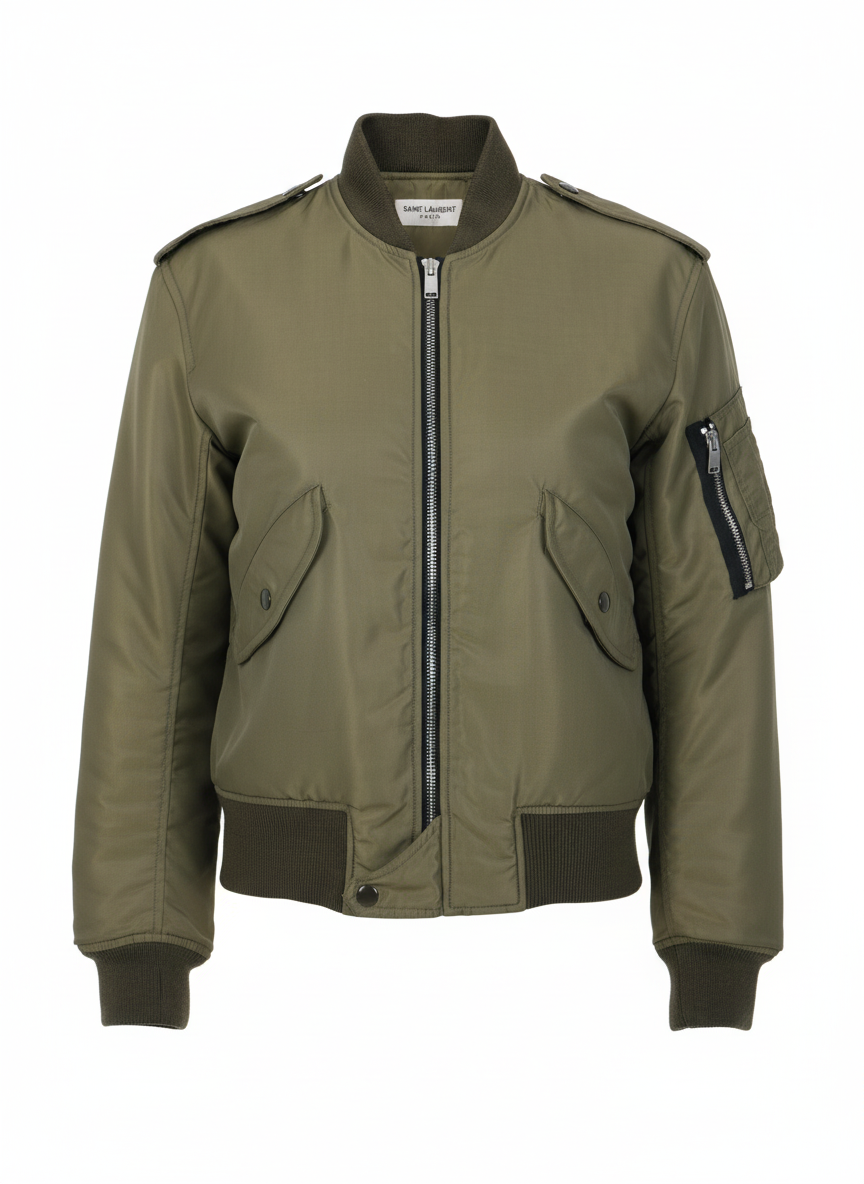 Khaki nylon bomber jacket with slim fit and utility sleeve pocket Saint Laurent design