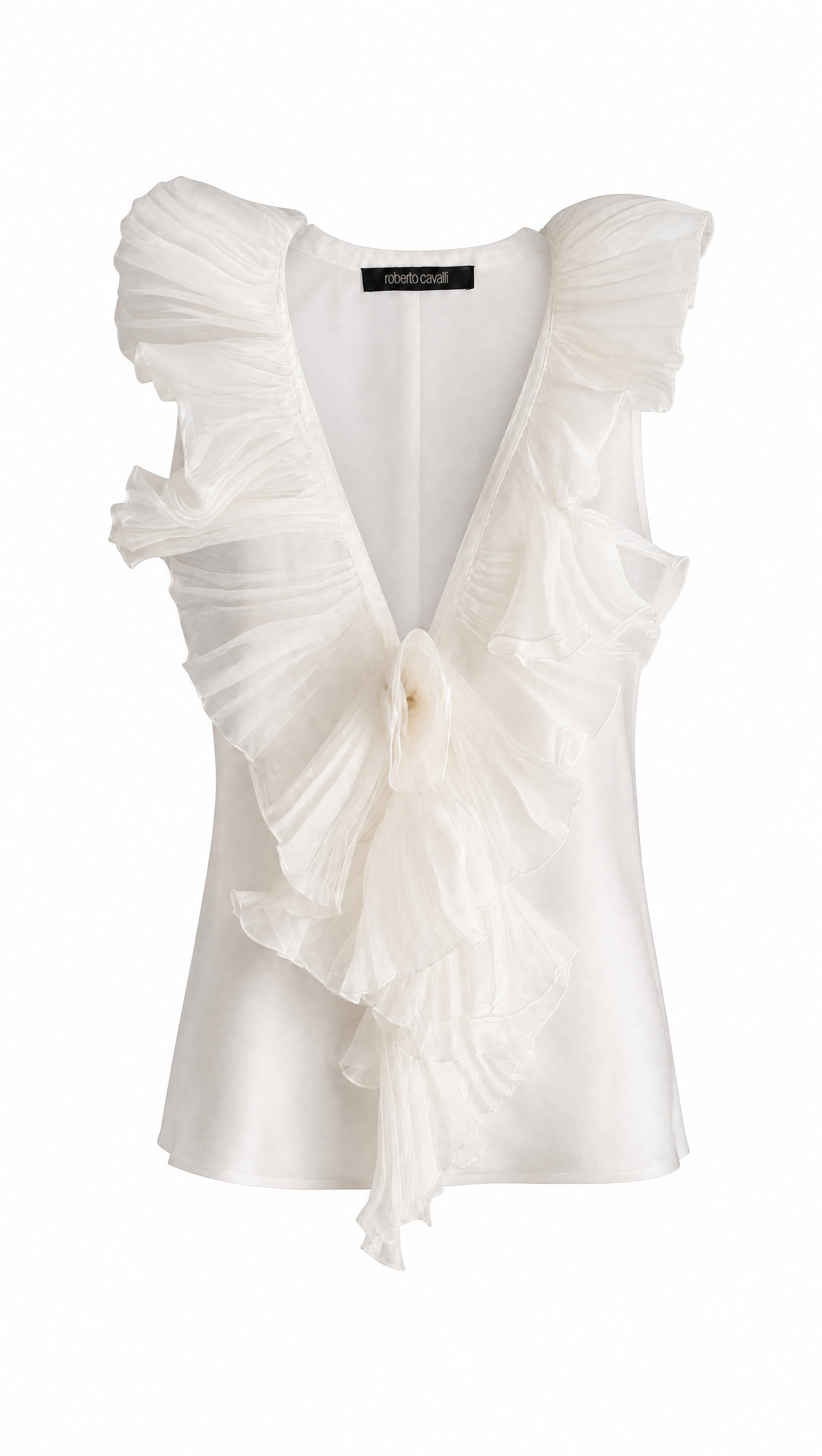 Archival Cavalli top with sculptural pleated panels and floral accent