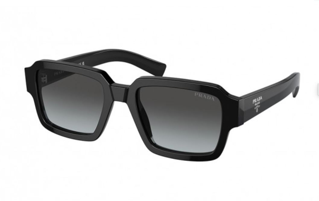 Black Prada rectangular frame sunglasses with gradient lenses and signature Prada Milano branding on the temple, available at Mezzanotte Madrid.
