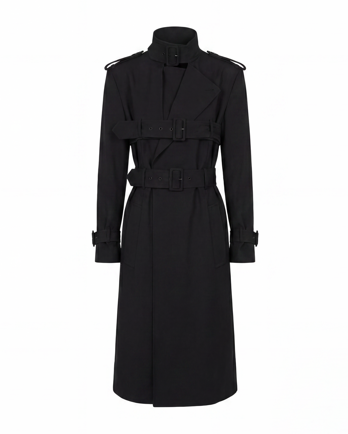 Archival JPG coat with harness belt construction and high collar