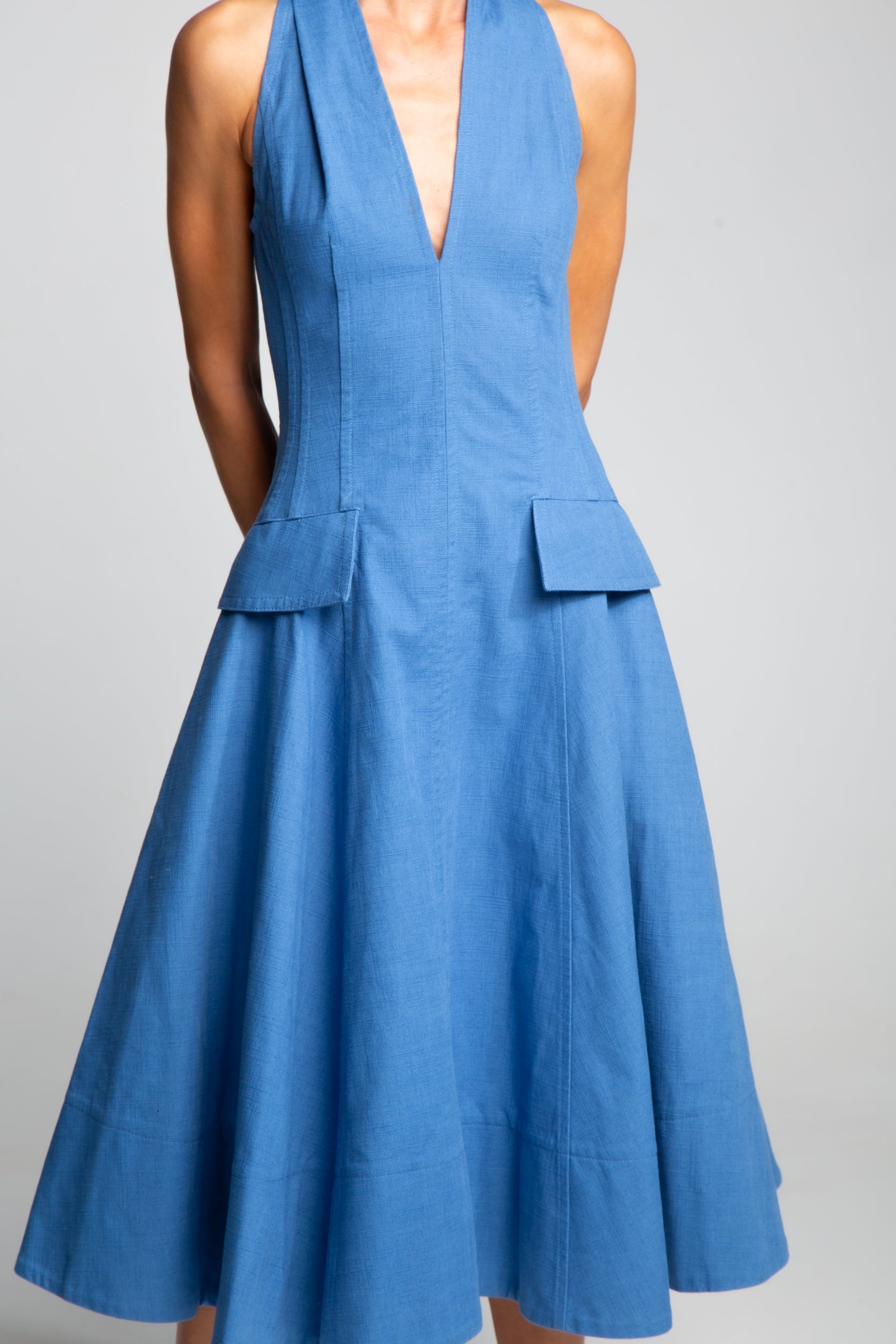 Bottega Veneta minimalist halter midi dress with structured A‑line skirt — curated designer rental and resale at Mezzanotte Madrid