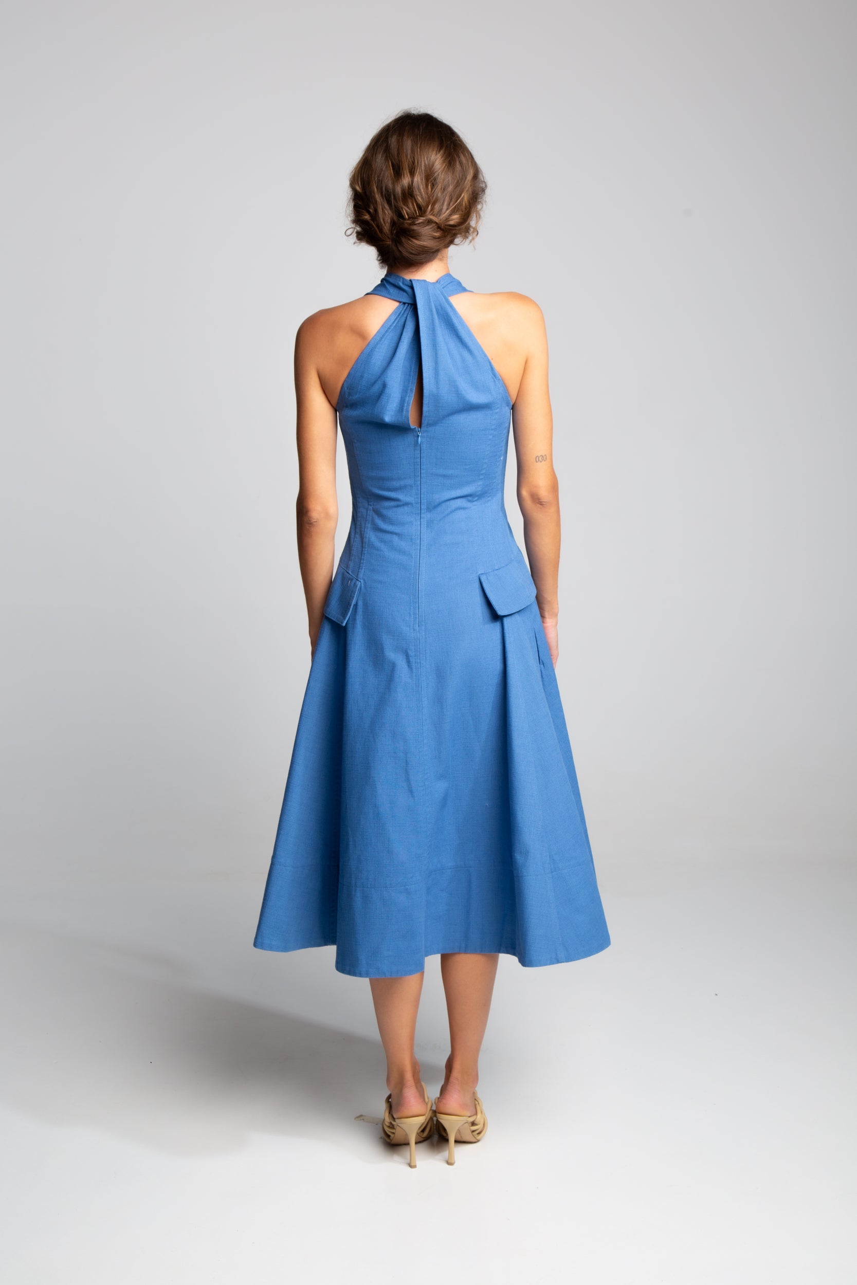 Halter V‑Neck Midi Dress with Flared Skirt