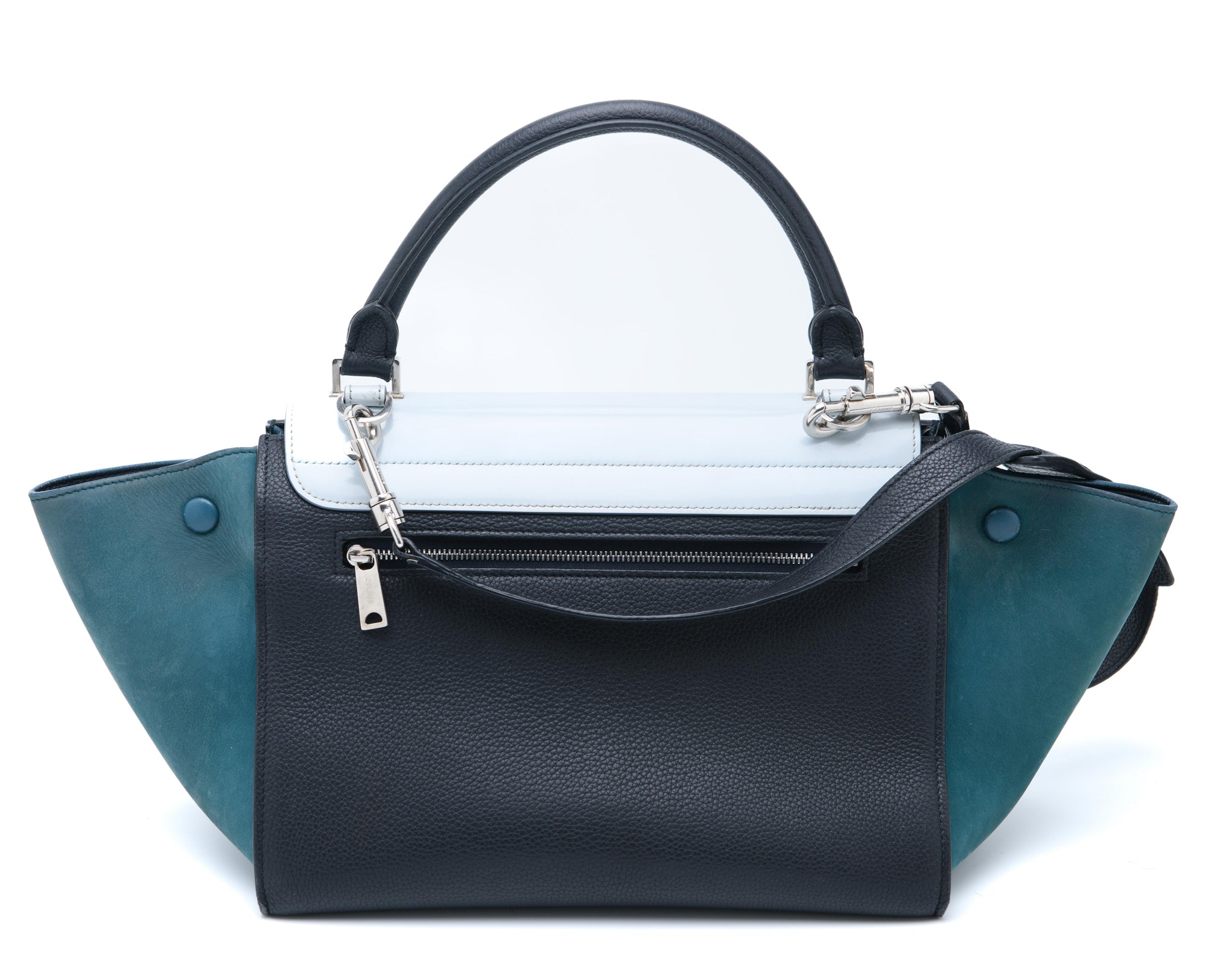 Celine trapeze handbag with winged shape and color block design iconic Phoebe Philo era bag Mezzanotte Madrid