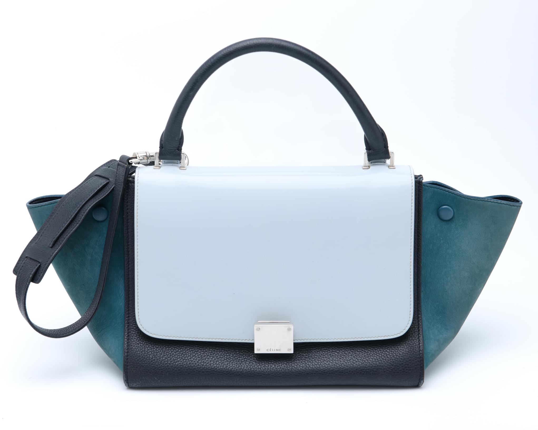 Celine tricolor trapeze handbag with light blue flap and teal suede wings structured silhouette