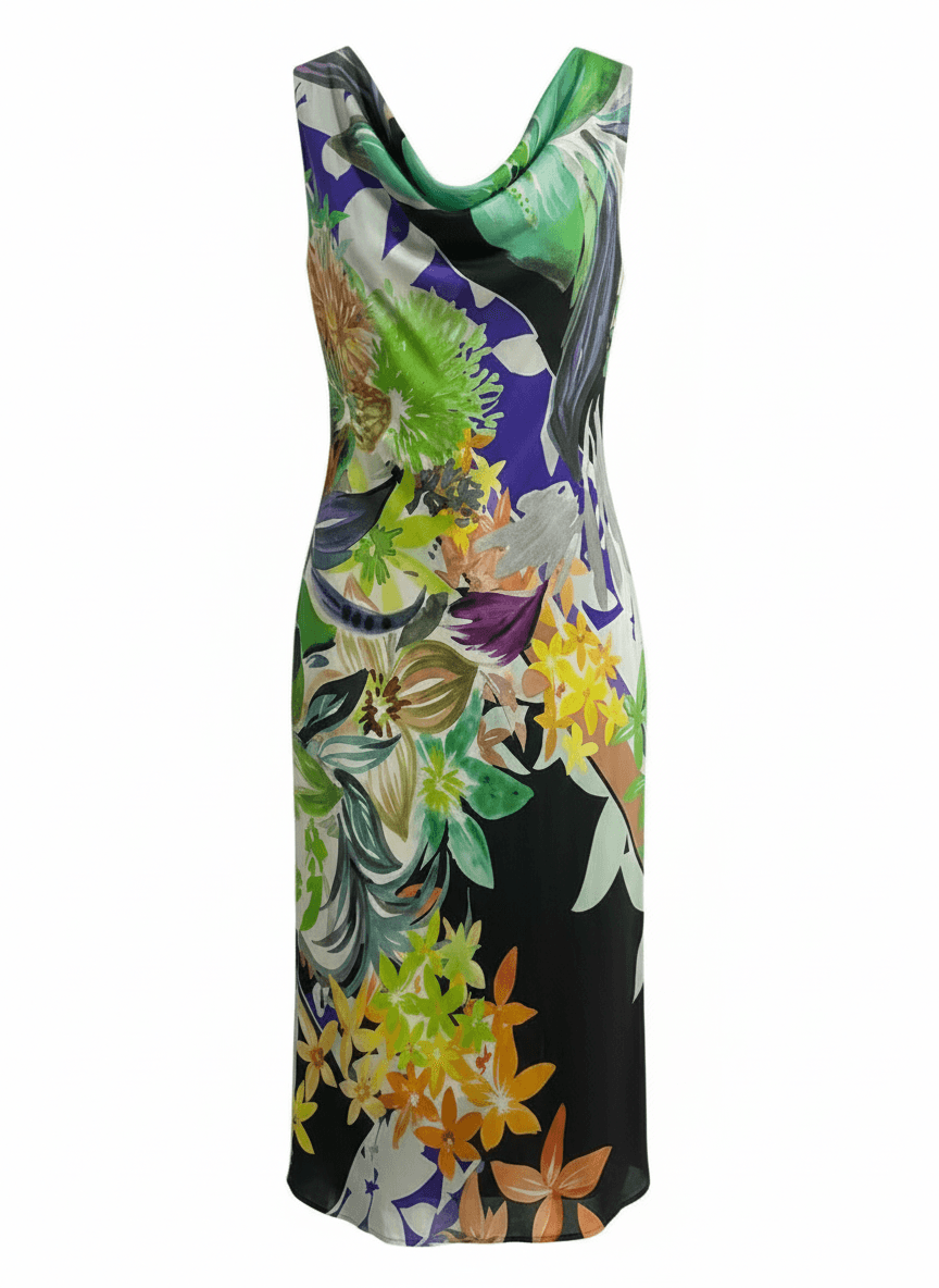 Cassani vintage dress with multicolor botanical print and draped cowl neck