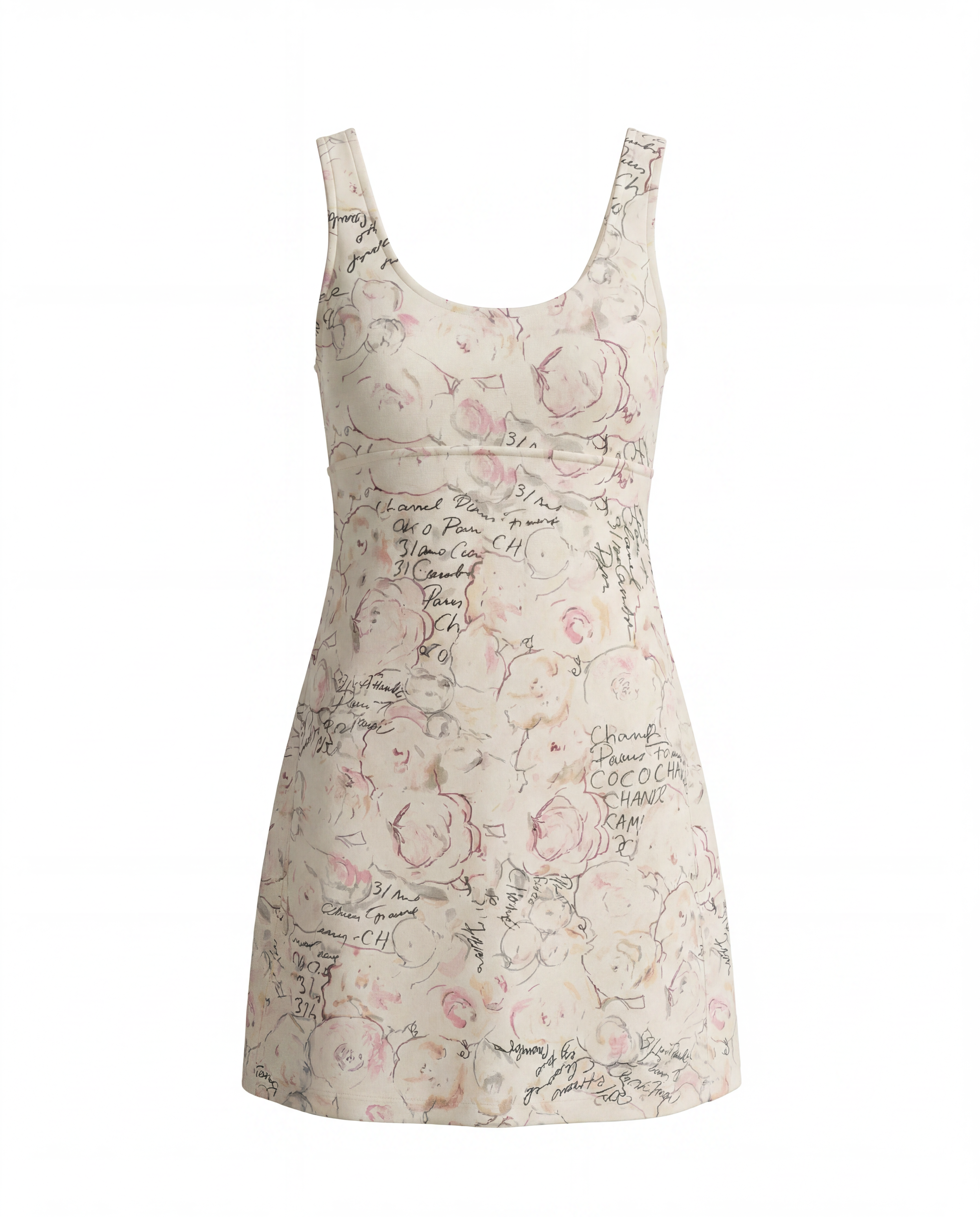 Close-up of the archival Chanel Graffiti Camellia dress highlighting the '31 Rue Cambon' and 'Coco Chanel' handwritten graphics mixed with pastel camellias.