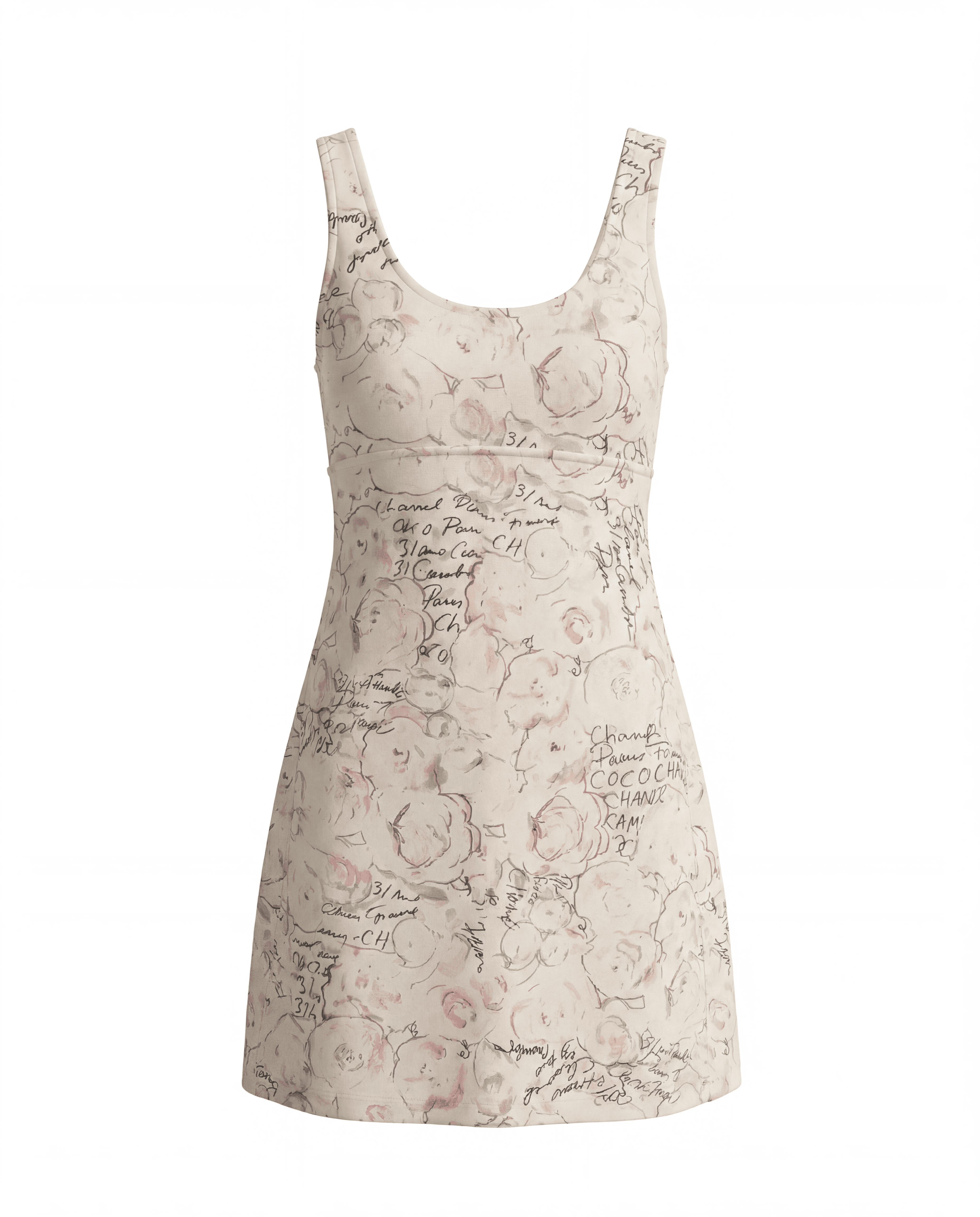 Close-up of the archival Chanel Graffiti Camellia dress highlighting the '31 Rue Cambon' and 'Coco Chanel' handwritten graphics mixed with pastel camellias.