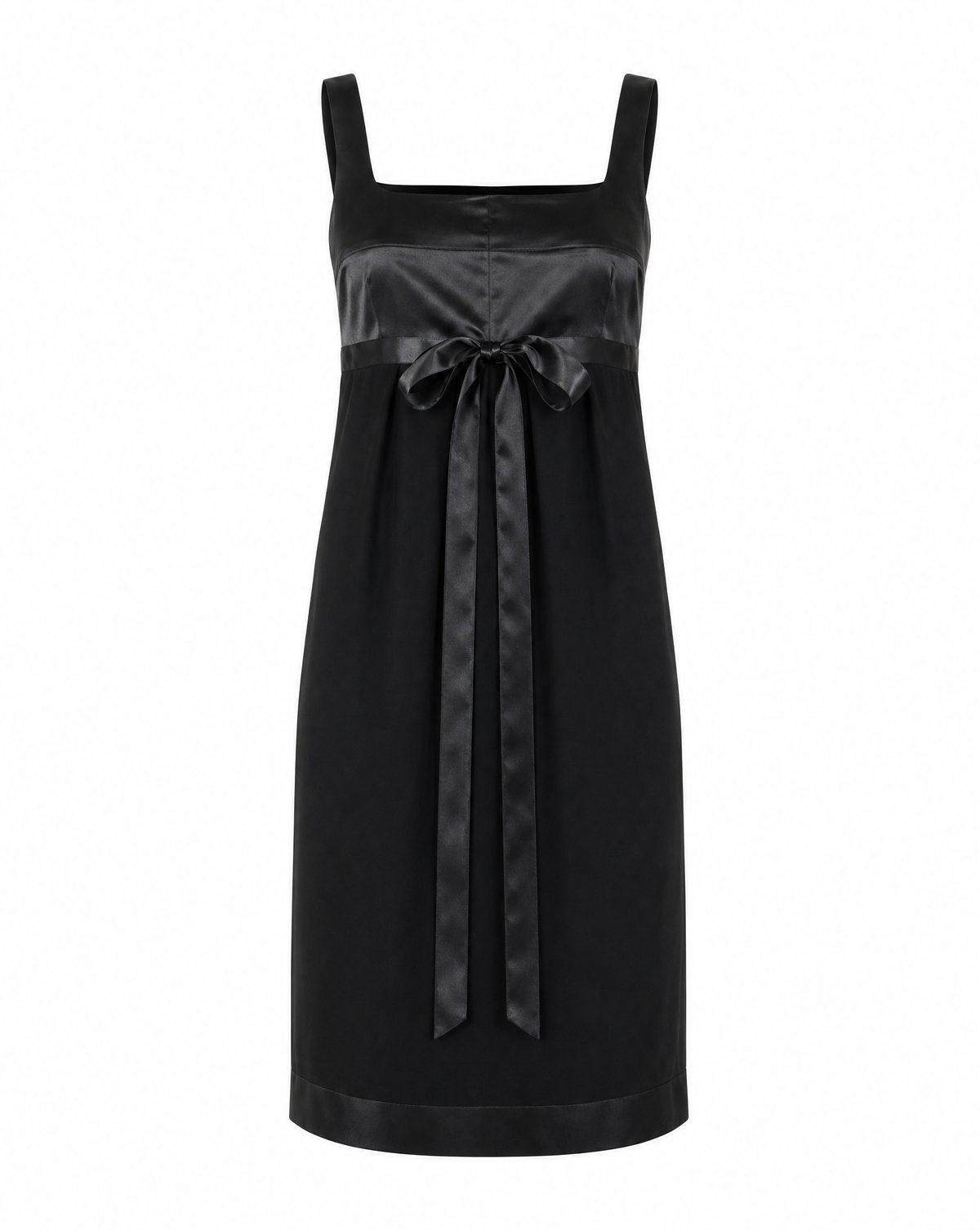 A structured front view of the archival Chanel Little Black Dress, highlighting the sharp square neckline and the sophisticated silk-ribbon accent that defines the waistline.