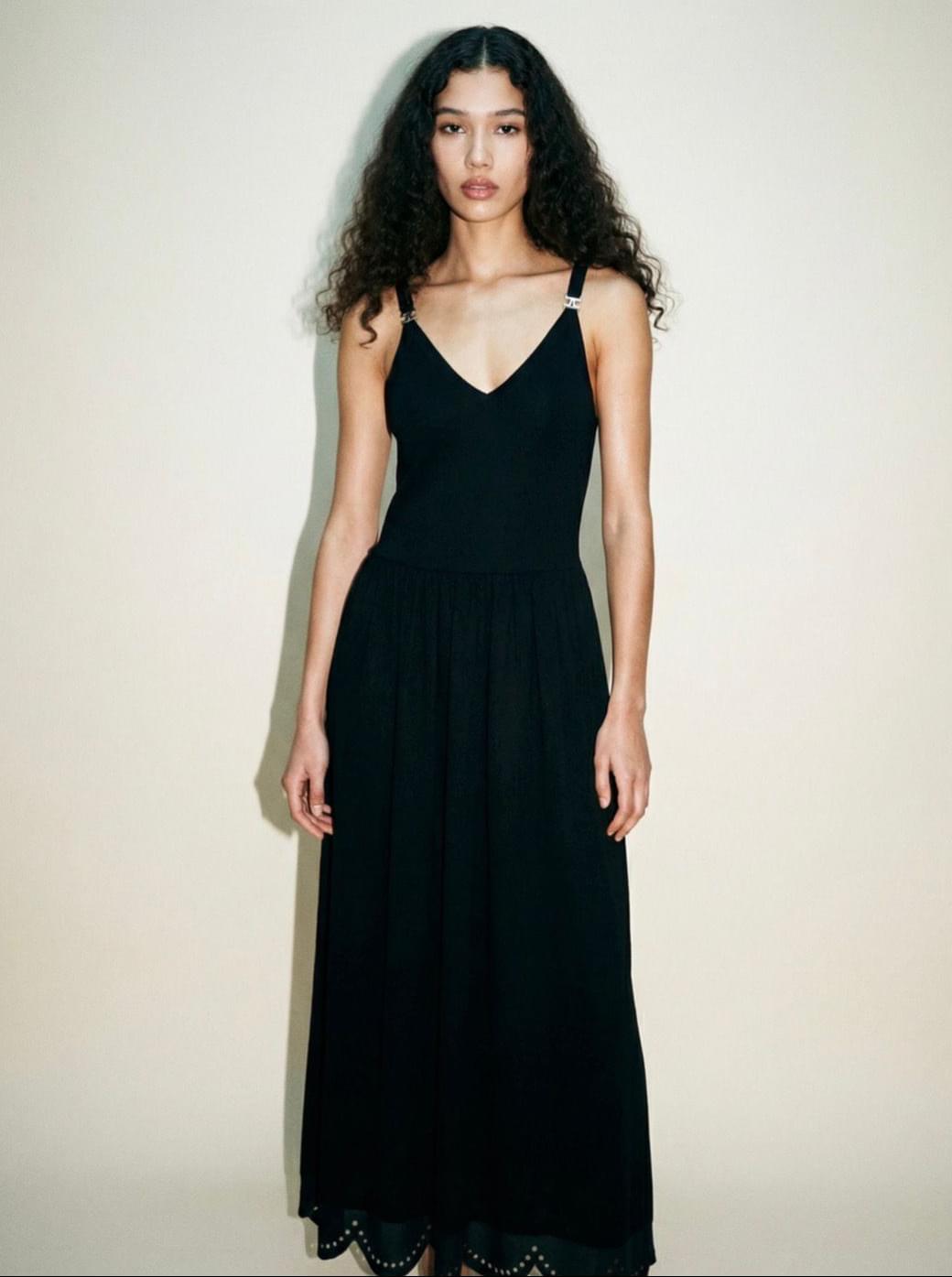 Chanel SS23 black maxi dress with CC logo straps and scalloped hem