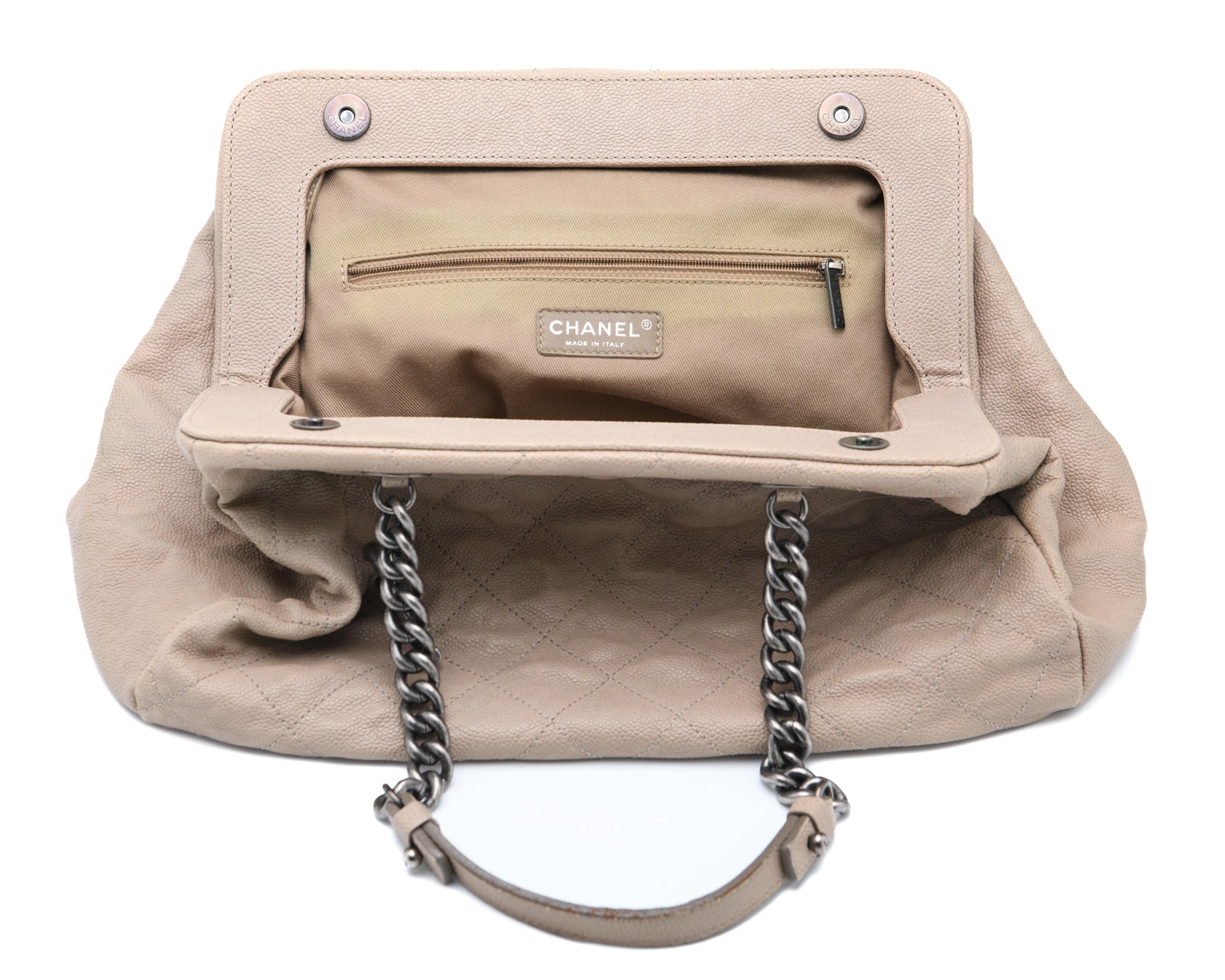 Vintage Chanel bowling bag with caviar leather and silver chain straps everyday luxury bag