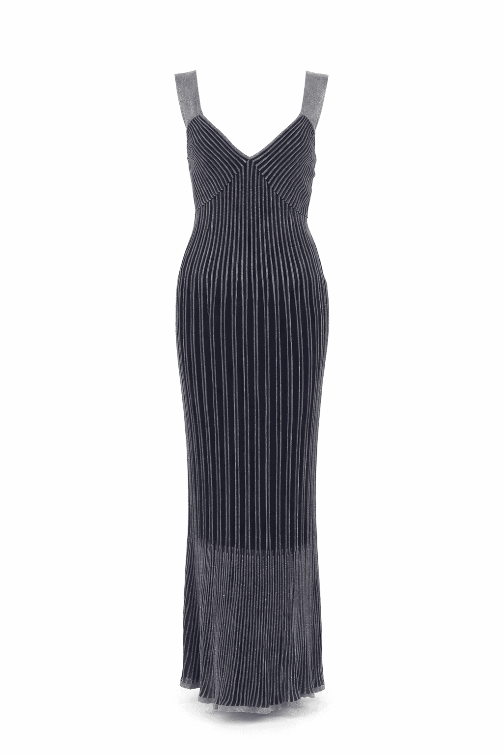 Navy blue V-neck maxi dress with vertical metallic stripe pattern