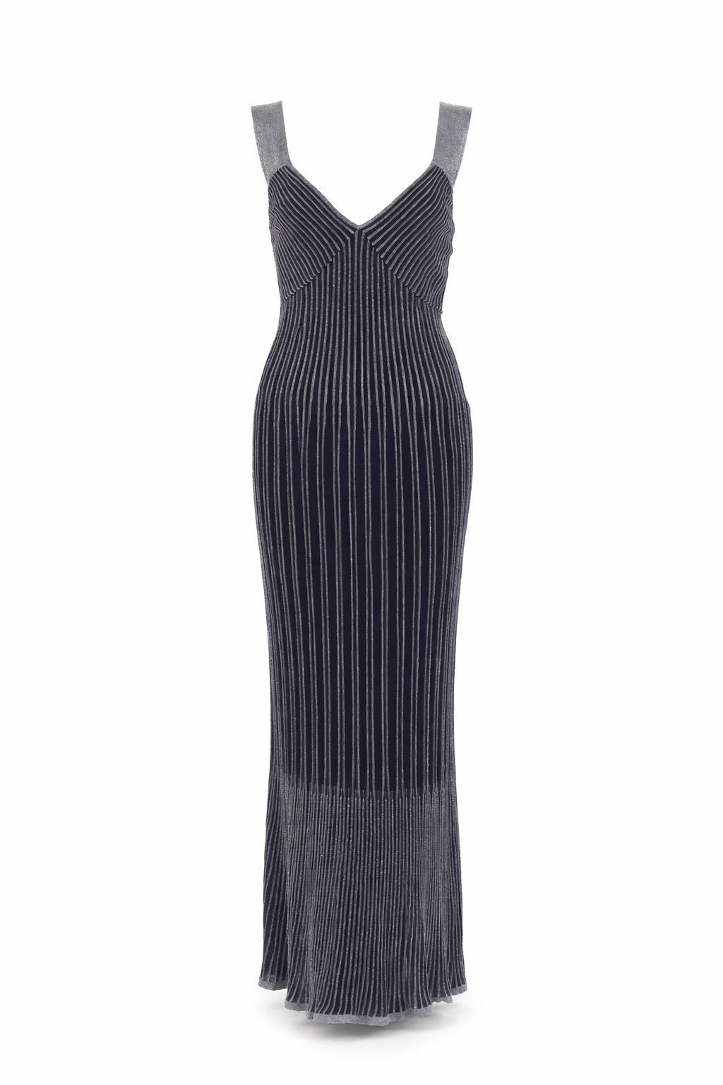 Navy blue V-neck maxi dress with vertical metallic stripe pattern