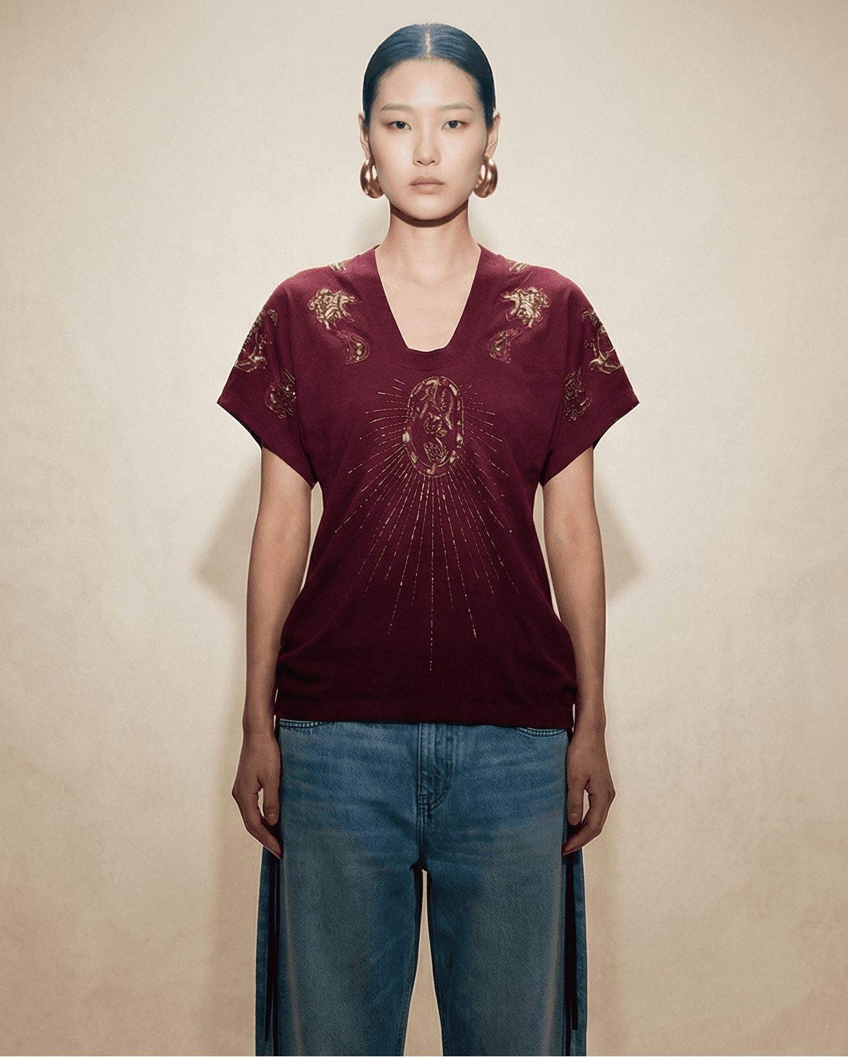 Christian Dior embroidered paisley top SS 2004 in red with ruched sides | Galliano boho chic designer top