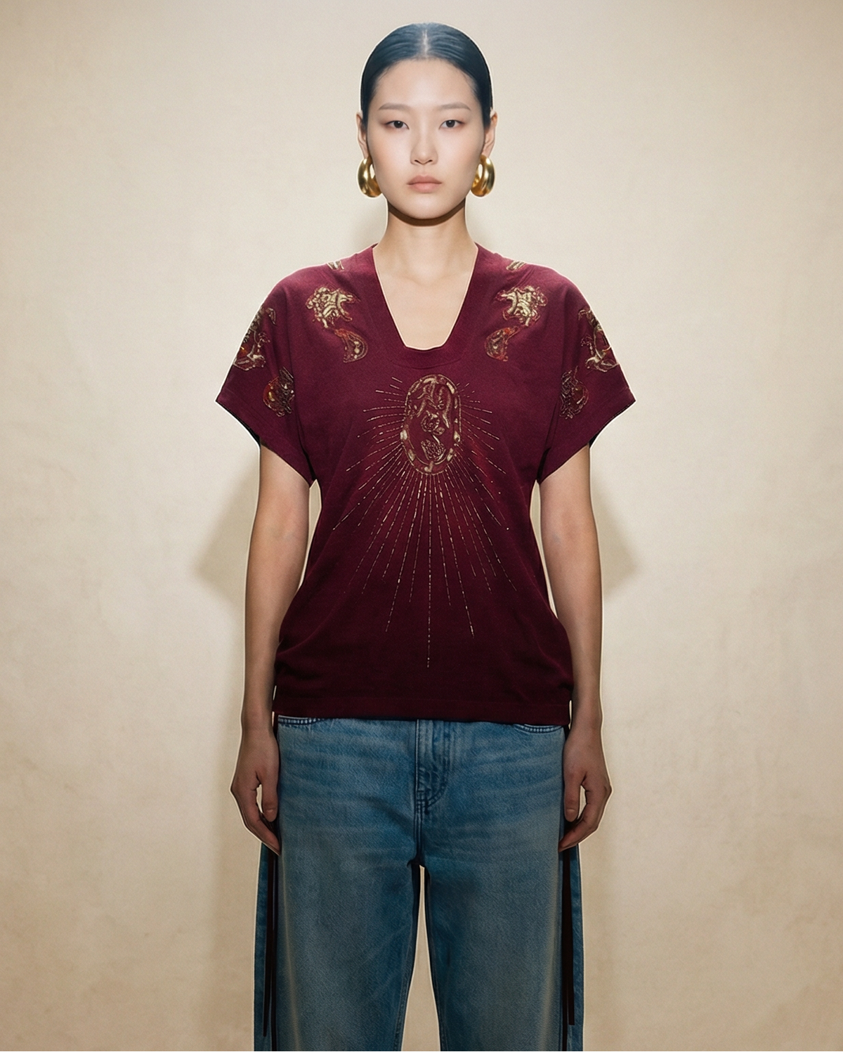 Christian Dior embroidered paisley top SS 2004 in red with ruched sides | Galliano boho chic designer top