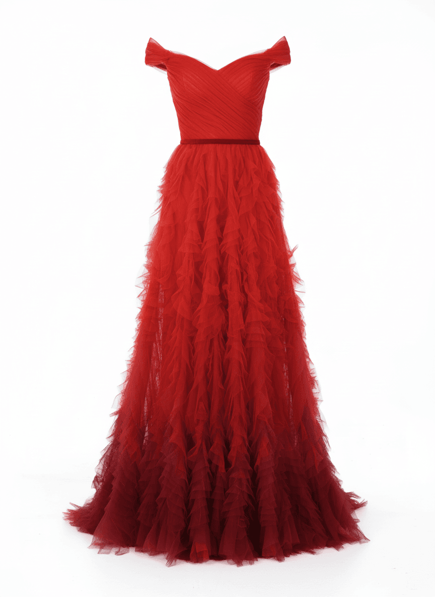 Crimson evening dress with layered tulle and fitted bodice