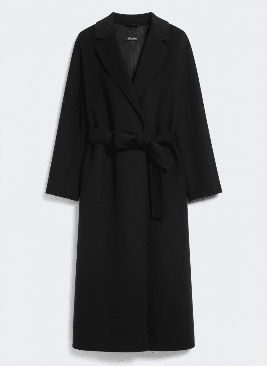 Long black belted coat with tailored silhouette and minimalist design
