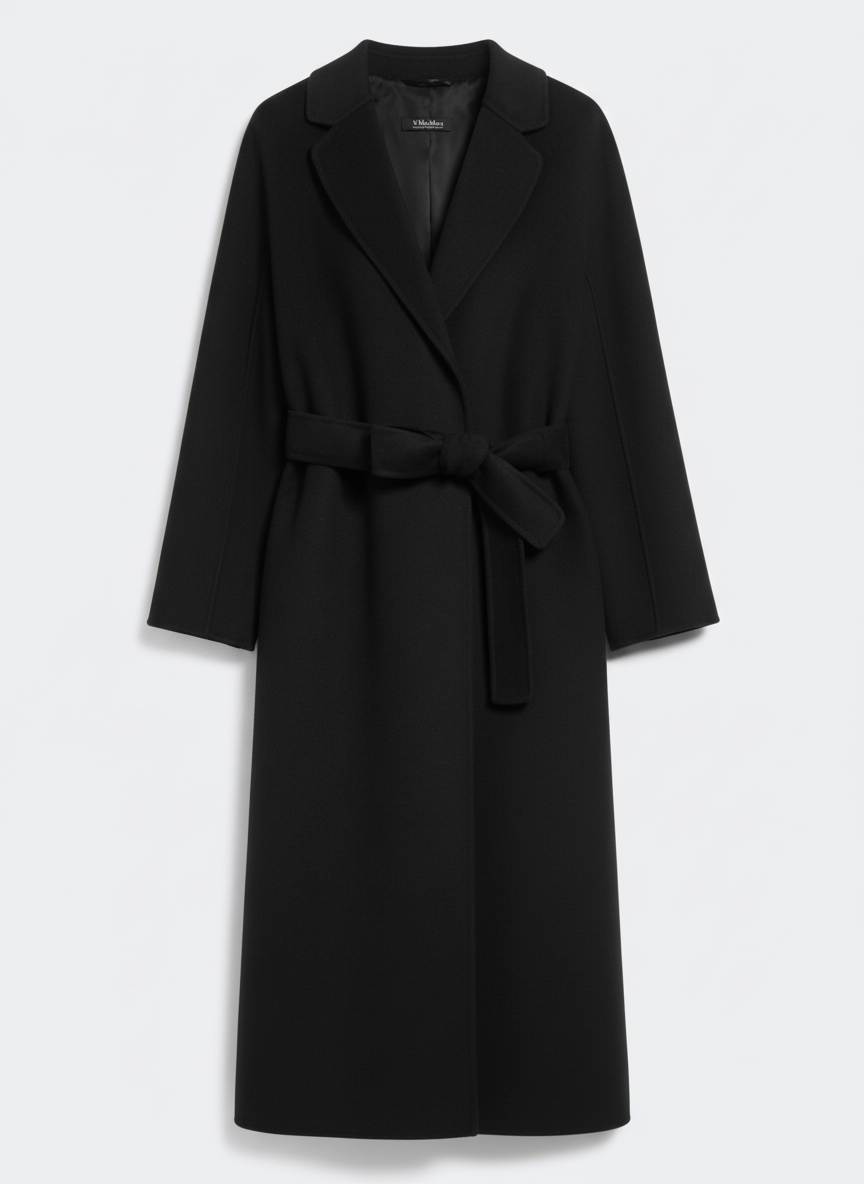 Long black belted coat with tailored silhouette and minimalist design