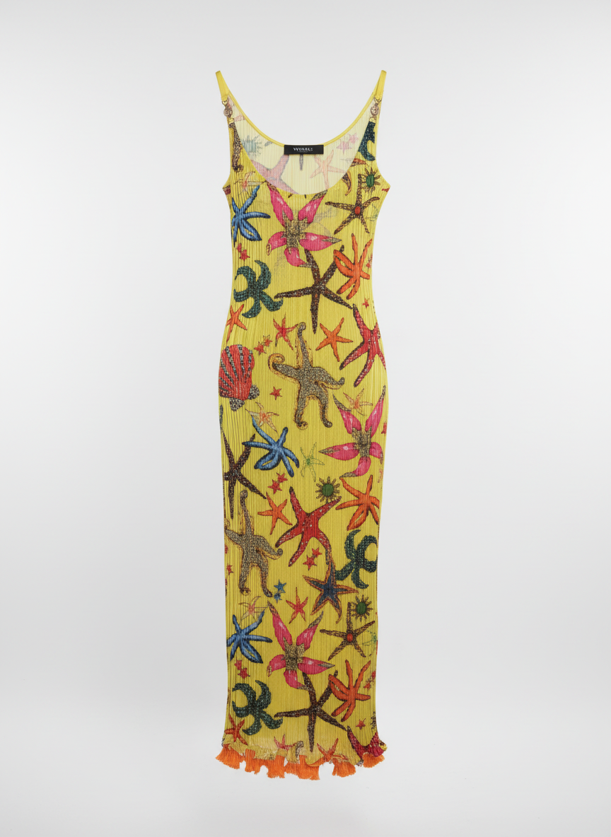 Versace yellow midi dress with seashell and starfish print from SS 2021 | vibrant summer designer dress Madrid