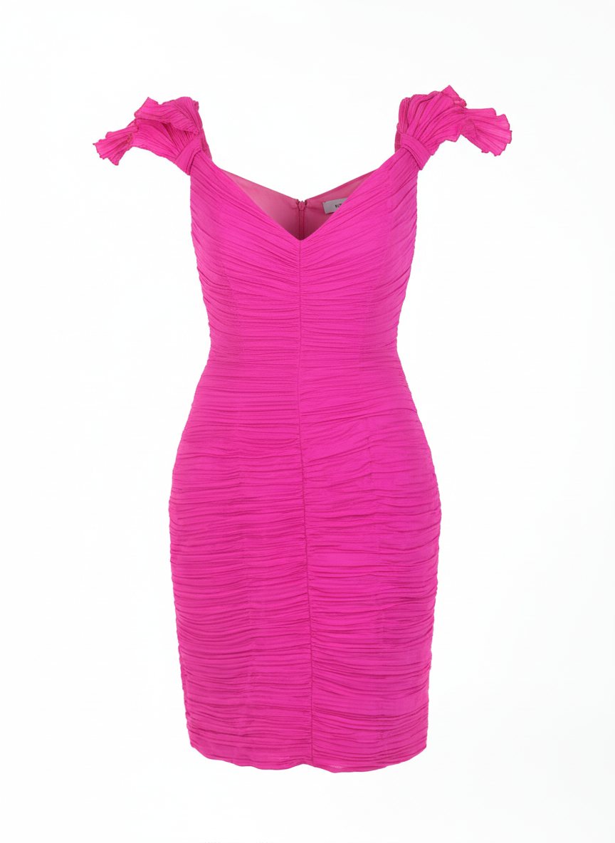 Bright pink bodycon dress with pleated texture and V neckline
