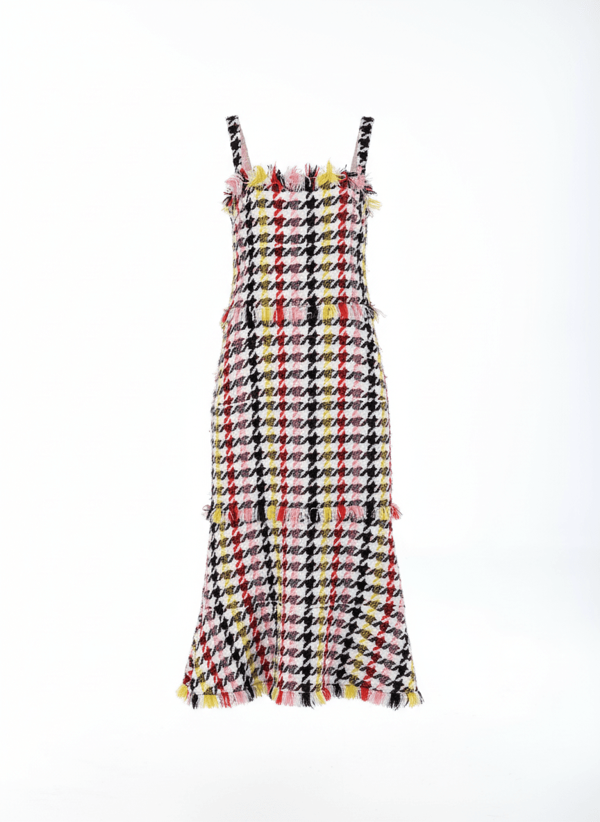 Houndstooth midi dress with raw edge fringe and tiered silhouette designer piece