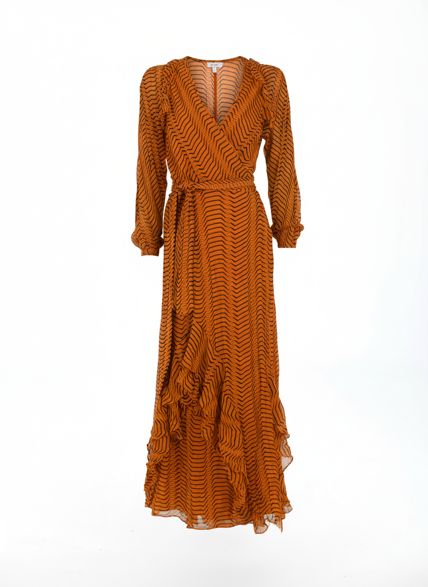 DVF wrap dress with black zebra stripe pattern and flowing tiered hem — designer resale Mezzanotte Madrid