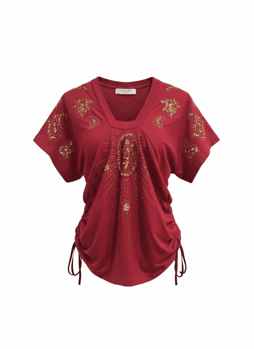 Christian Dior Galliano era red top with ornate embroidery and ruched silhouette | archival fashion piece
