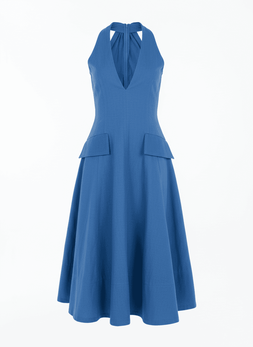 Blue cotton halter dress with sculptural A-line silhouette and flap pockets