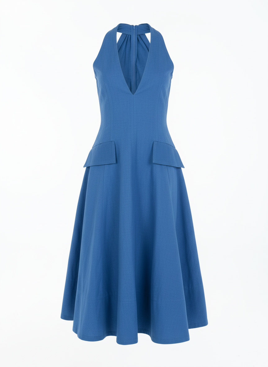 Blue cotton halter dress with sculptural A-line silhouette and flap pockets
