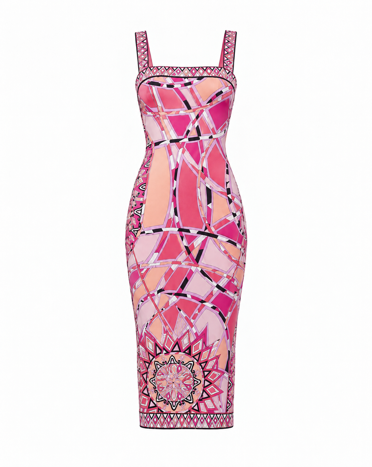 Close-up of the kaleidoscopic geometric print on this vintage Emilio Pucci midi dress. Its vivid colours and interlocking patterns make it a standout piece for collectors of Pucci prints and vintage Italian fashion.