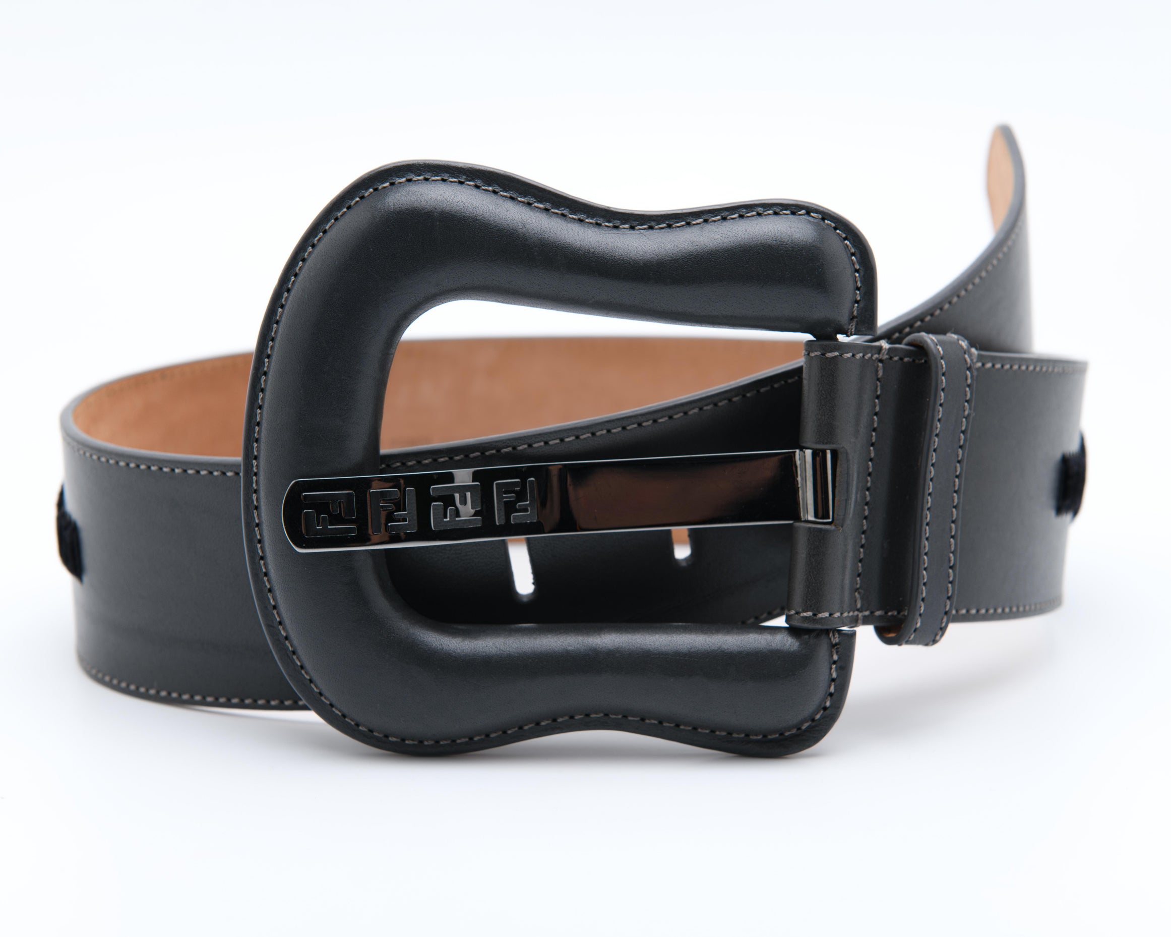 Vintage Fendi belt with large FF logo buckle and wide structured leather band