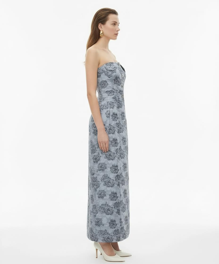 Ganni floral jacquard dress with bandeau neckline and fitted bodice elegant midi silhouette