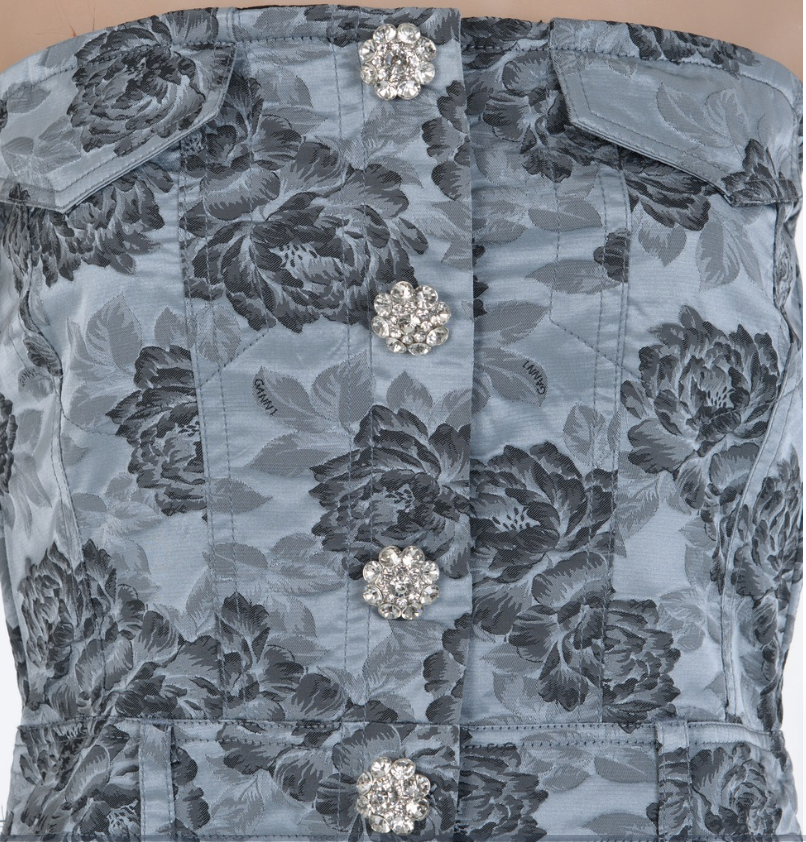 Ganni floral jacquard dress with bandeau neckline and fitted bodice elegant midi silhouette detail
