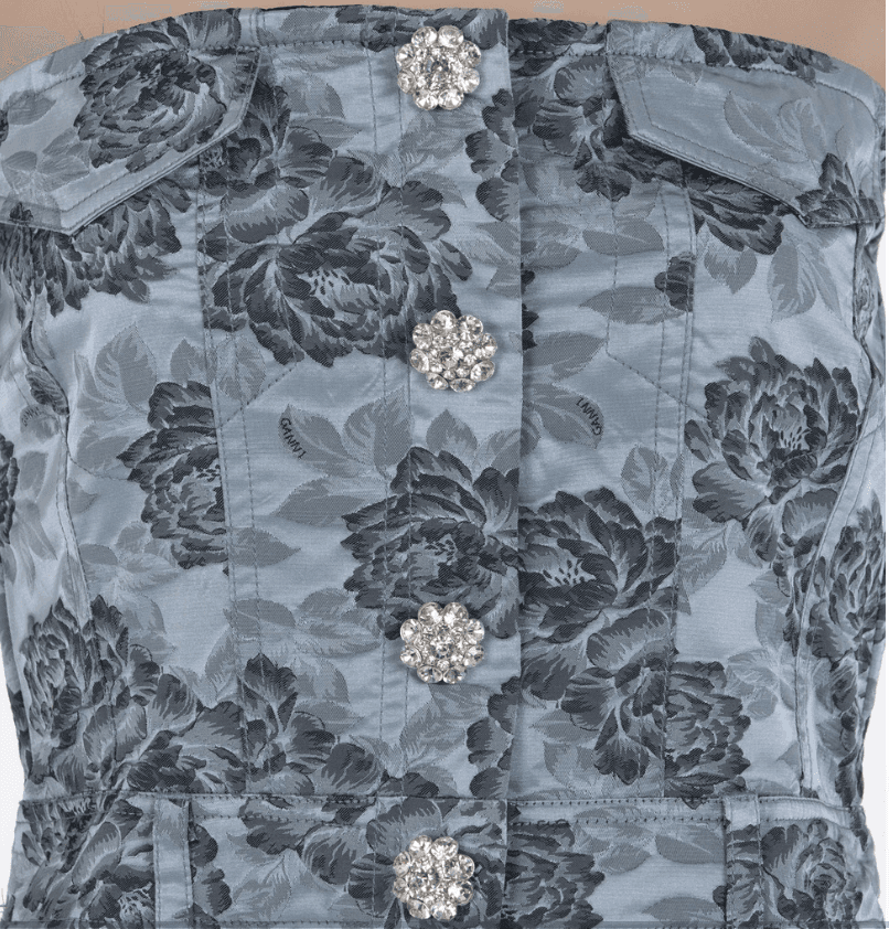 Ganni floral jacquard dress with bandeau neckline and fitted bodice elegant midi silhouette detail