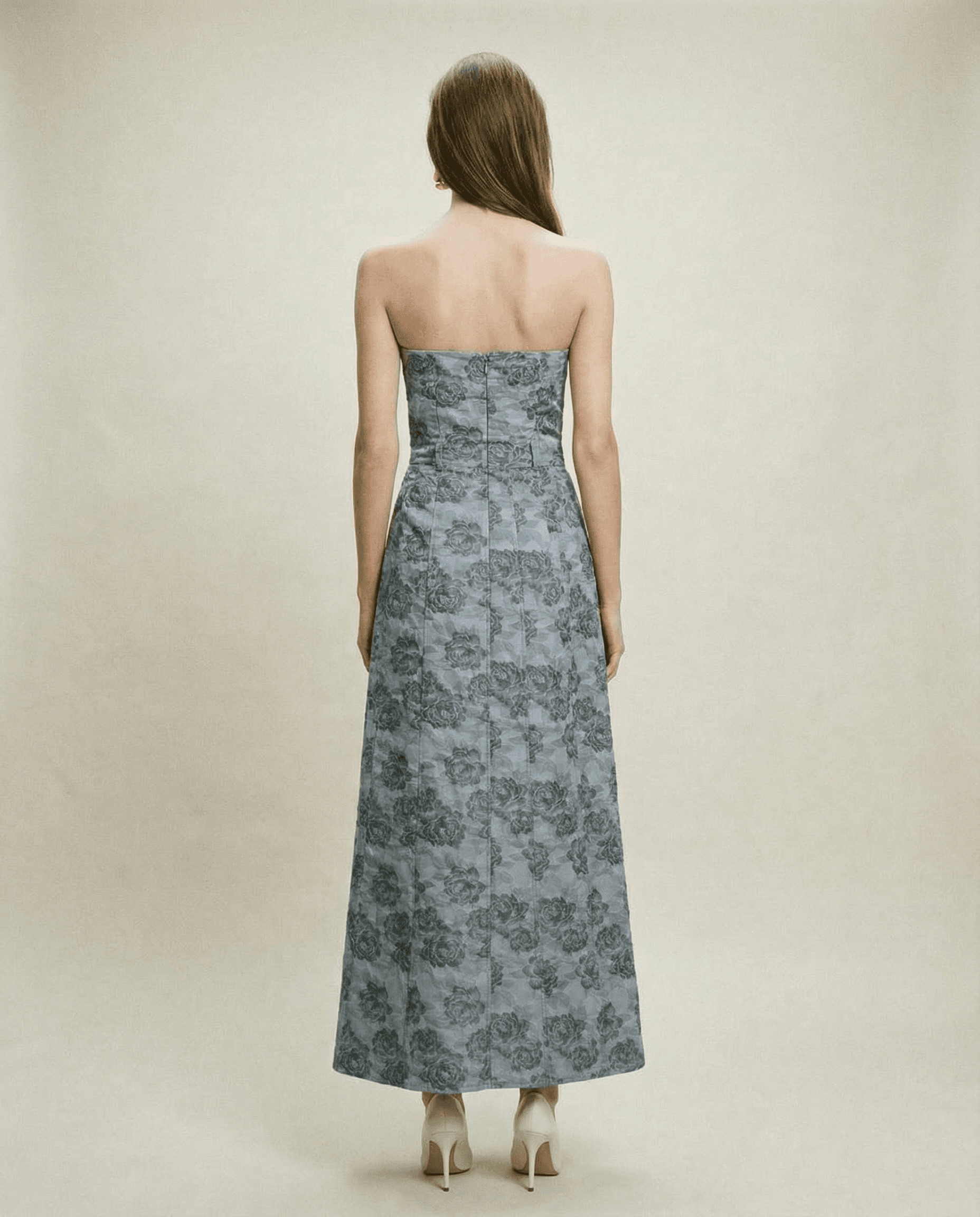 Ganni strapless floral dress in grey with button front and structured silhouette Mezzanotte Madrid rental