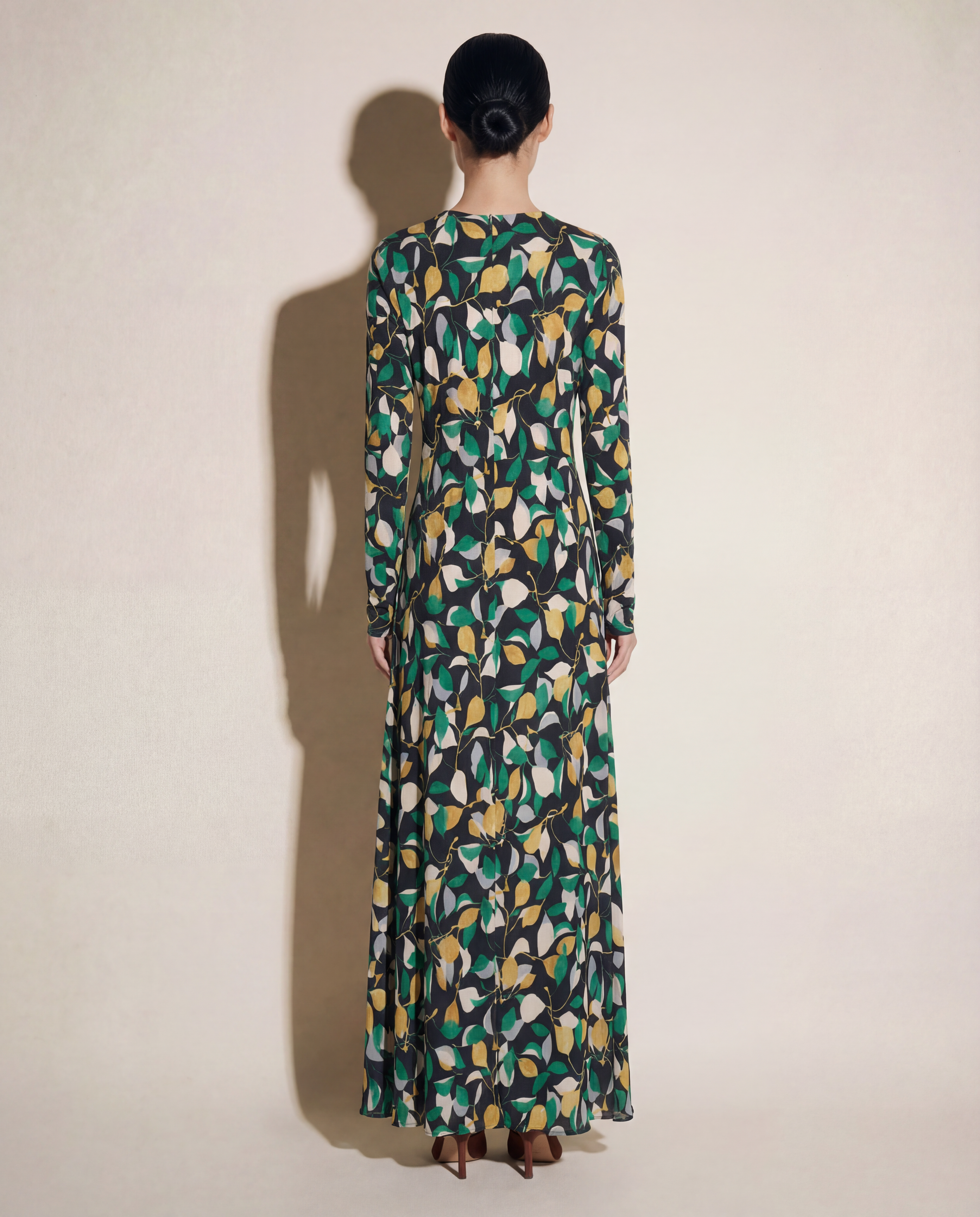 Lemon Print Long‑Sleeve Maxi Dress — Era Contemporary