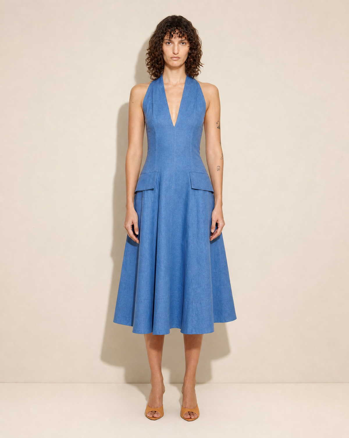 Sculptural Halterneck Cotton Midi Dress, Pre-Fall 2023