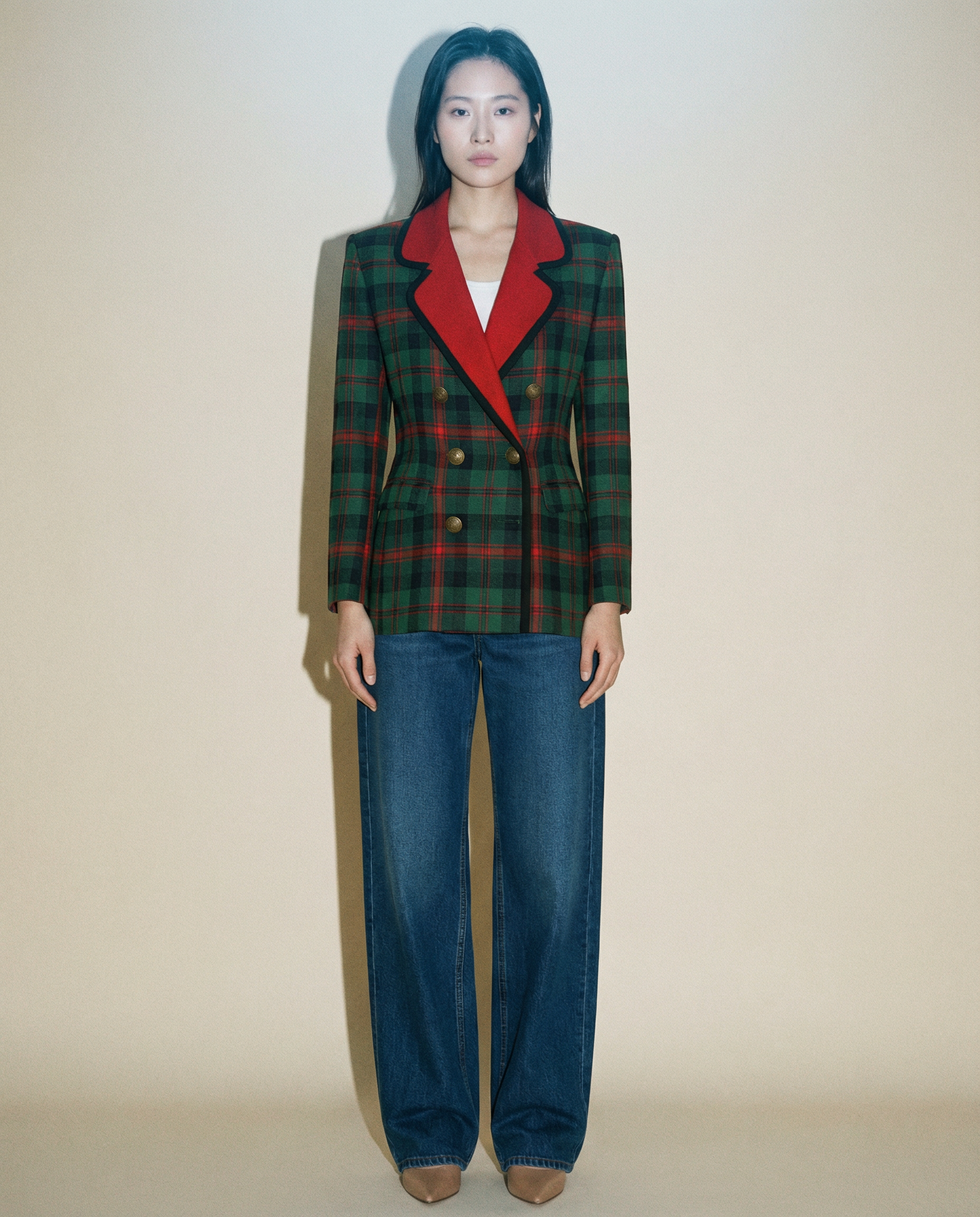 Yves Saint Laurent tartan blazer with red lapels and gold buttons double breasted vintage piece Mezzanotte Madrid