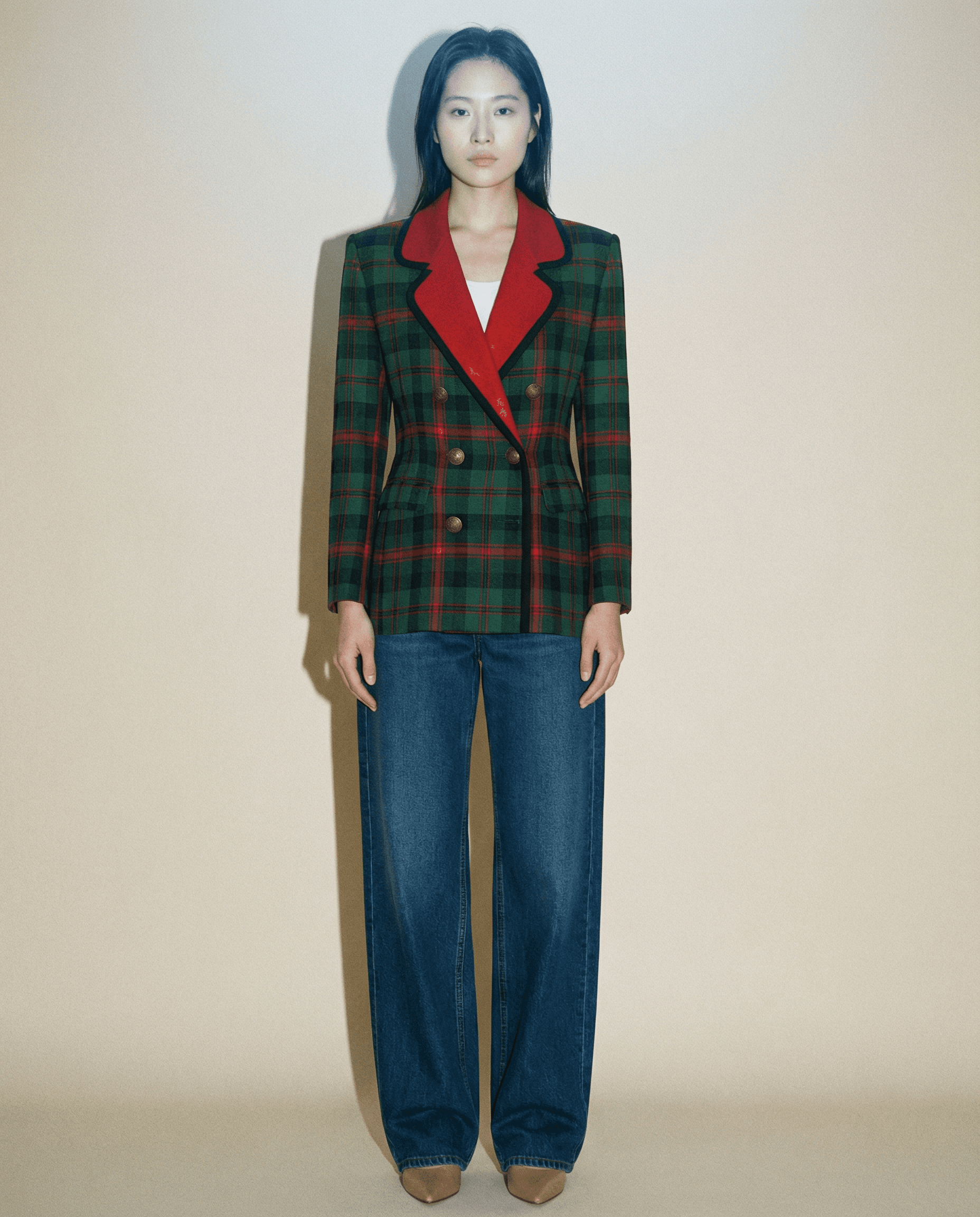 Yves Saint Laurent tartan blazer with red lapels and gold buttons double breasted vintage piece Mezzanotte Madrid