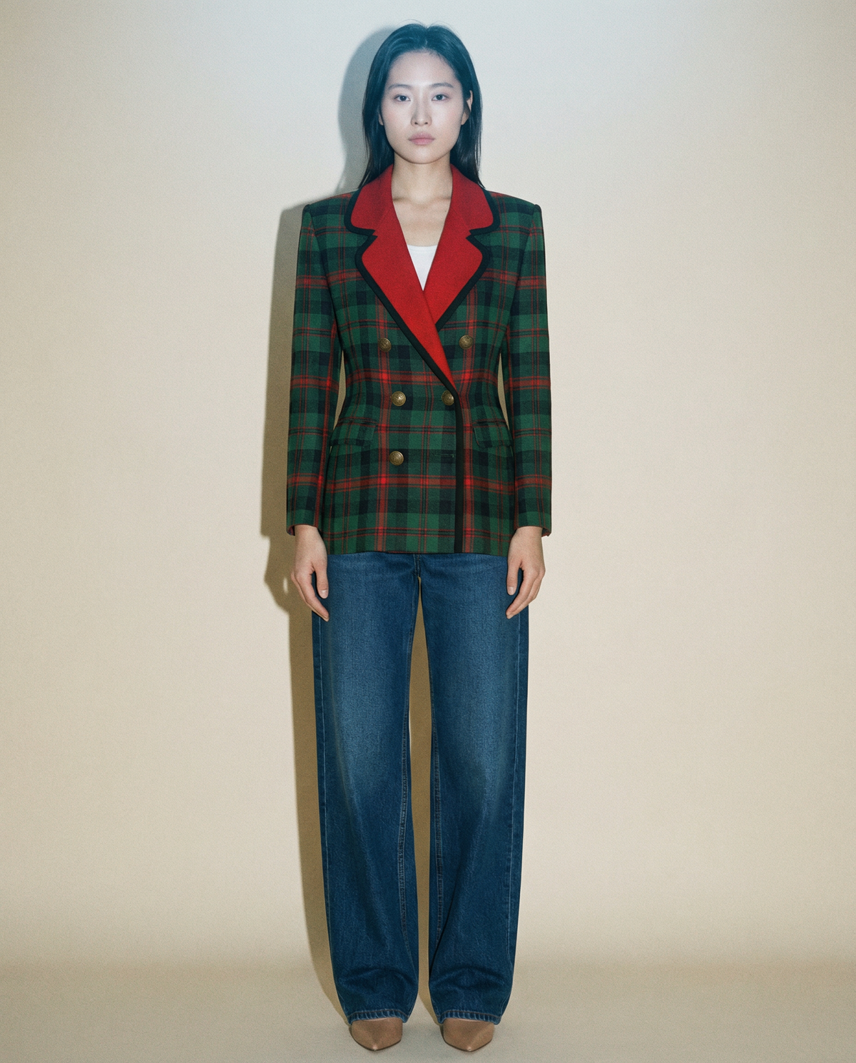 Yves Saint Laurent tartan blazer with red lapels and gold buttons double breasted vintage piece Mezzanotte Madrid