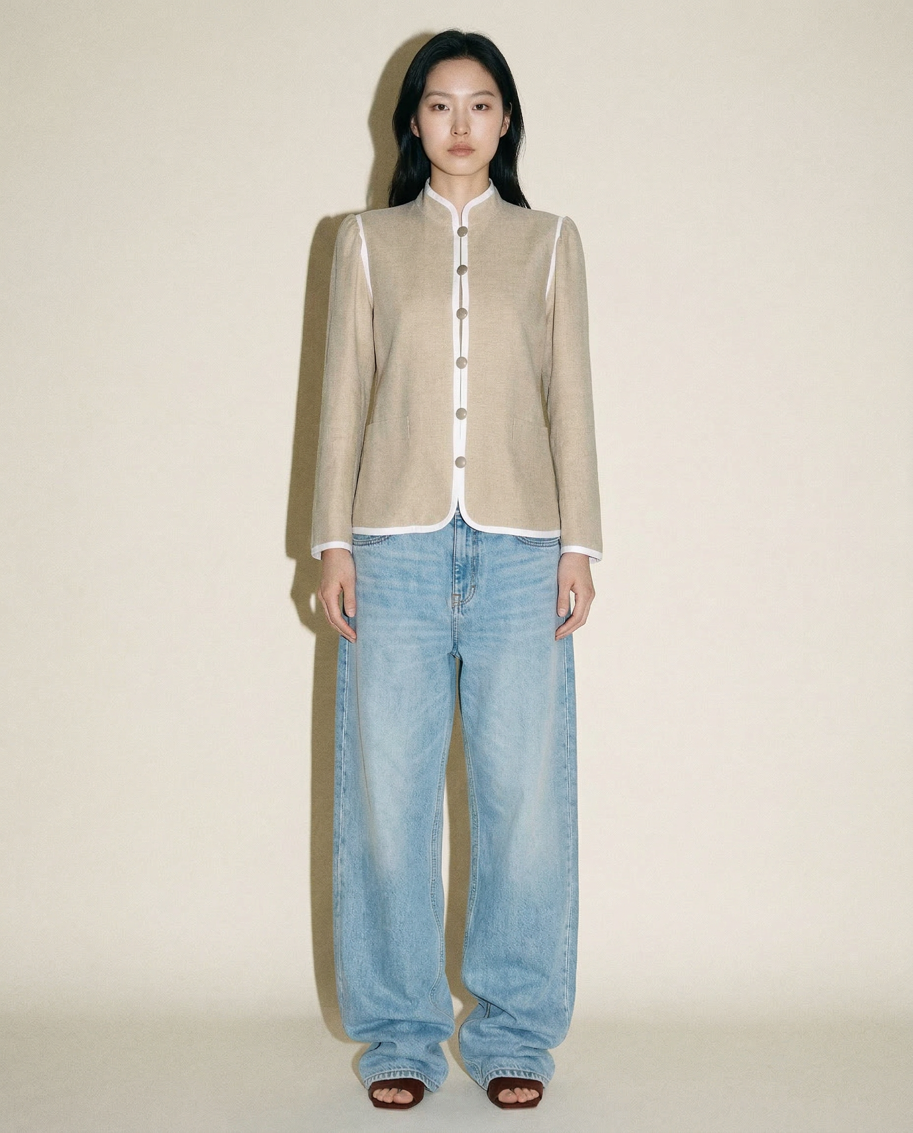 Yves Saint Laurent officer jacket in beige with mandarin collar and white braid trim Mezzanotte Madrid