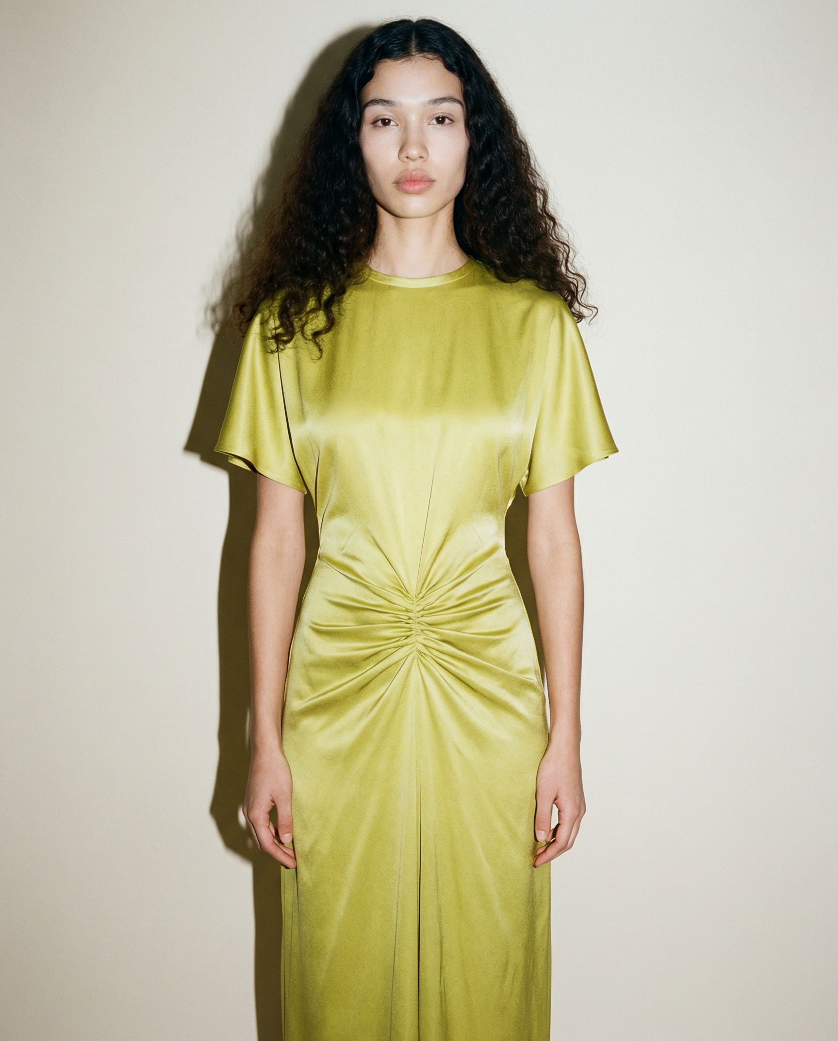 Gathered Waist Satin Gown — Daffodil Yellow Draped Silhouette