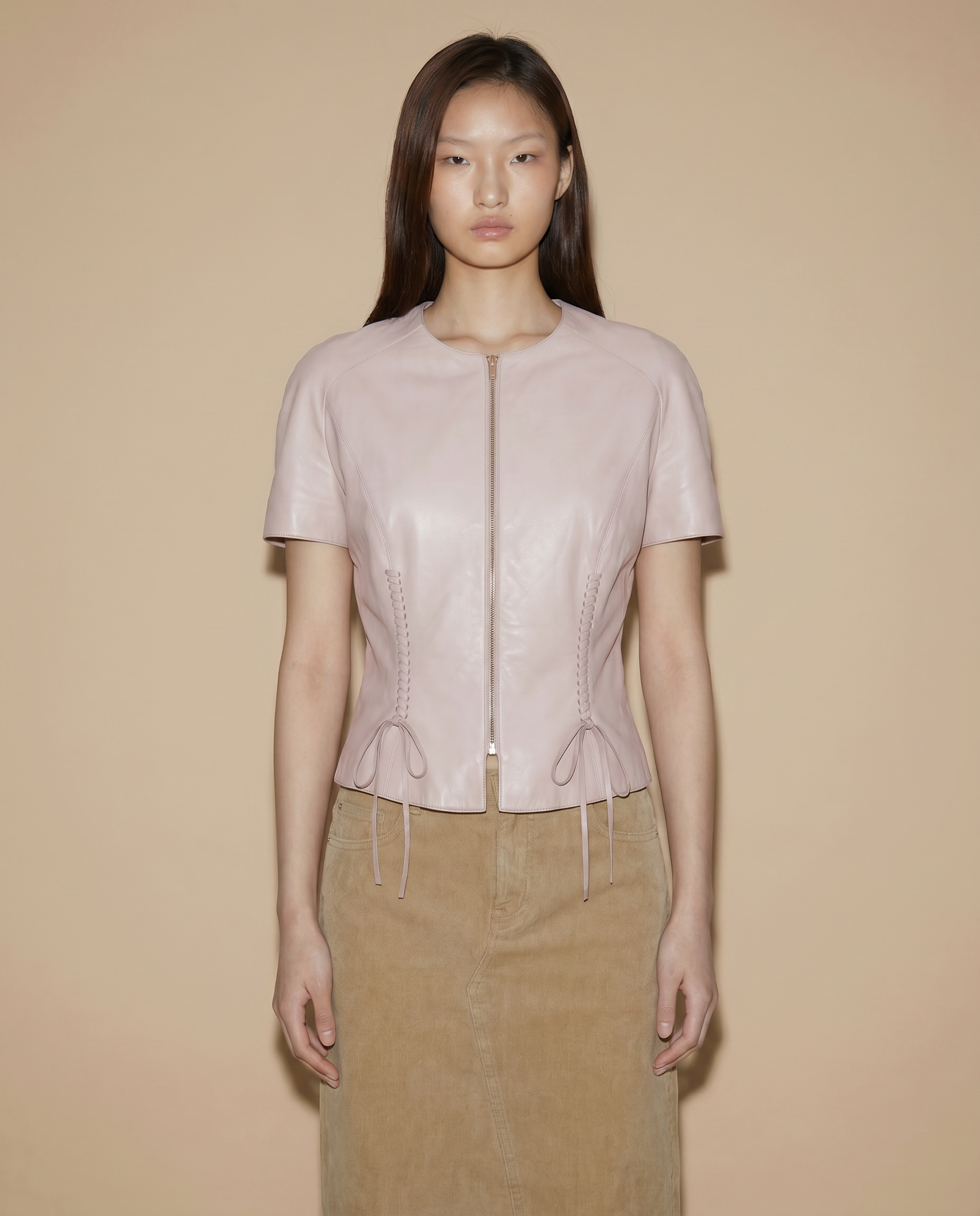 Thierry Mugler pale pink leather corset top with lace-up waist