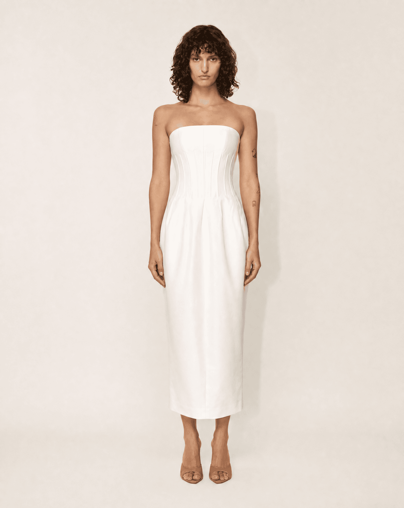 "Audra" Silk-Wool Strapless Tea-Length Gown, S/S 2018