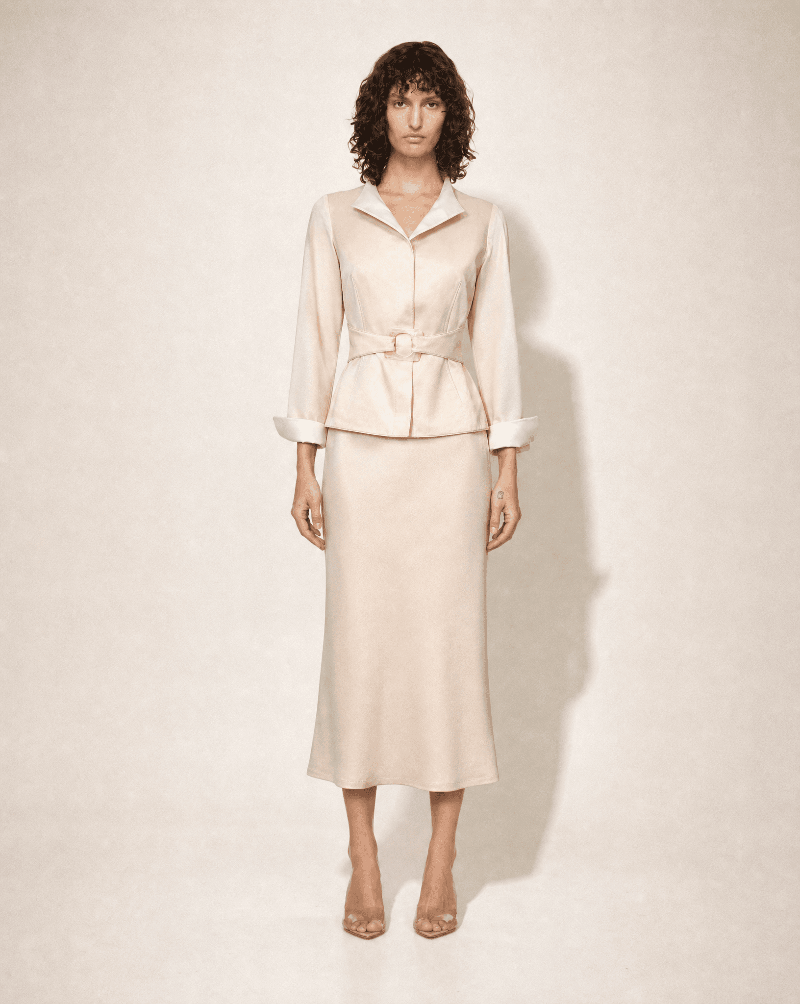 Rare 1990s Mugler Belted Satin Two-Piece Set – Iconic Silhouette.