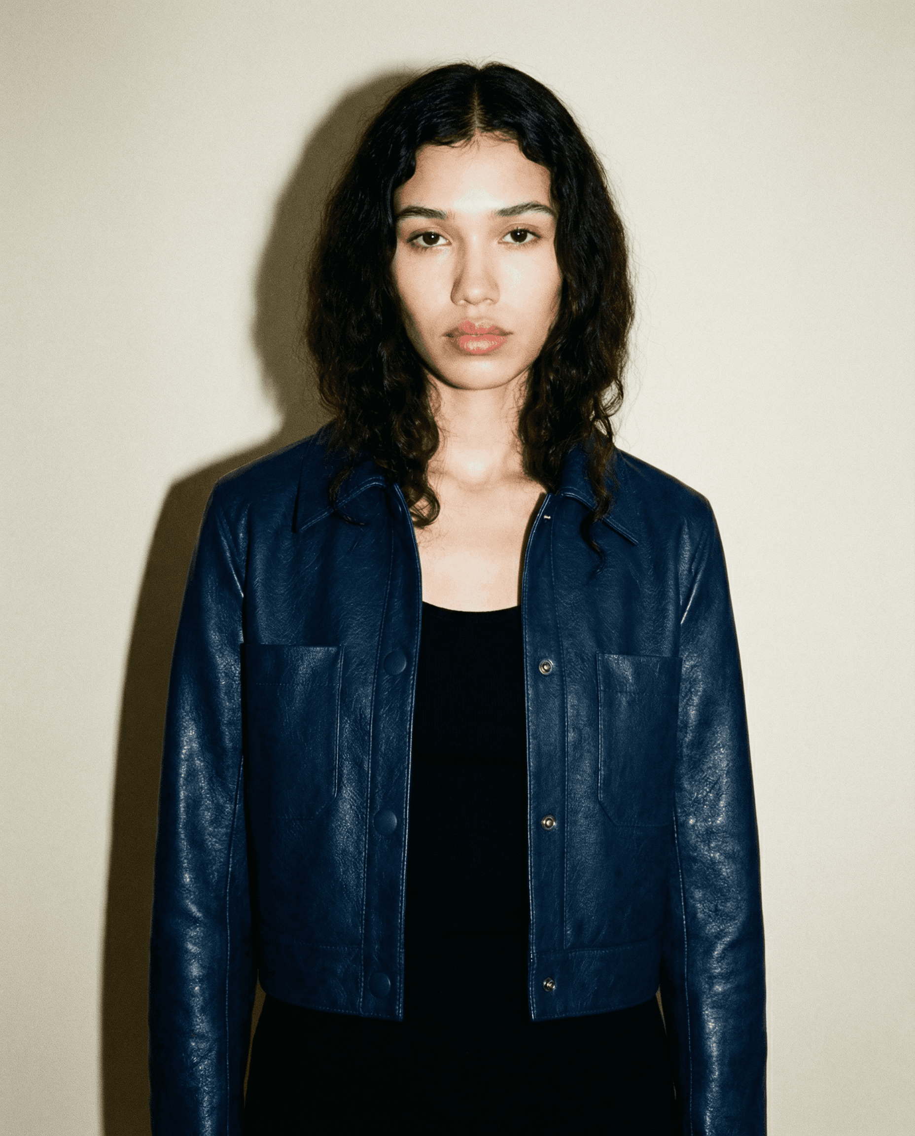 Cropped Navy Lamb Leather Jacket, Contemporary.